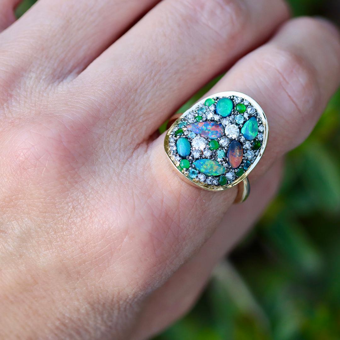 Joke Quick Schwarzer Opal + Jadeit + Paraiba Turmalin + Diamant Pavé Mosaik Ring im Angebot 13