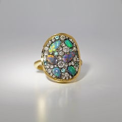 Lightning Ridge Black Opal + Paraiba Tourmaline + Diamond Mosaic Pave Ring