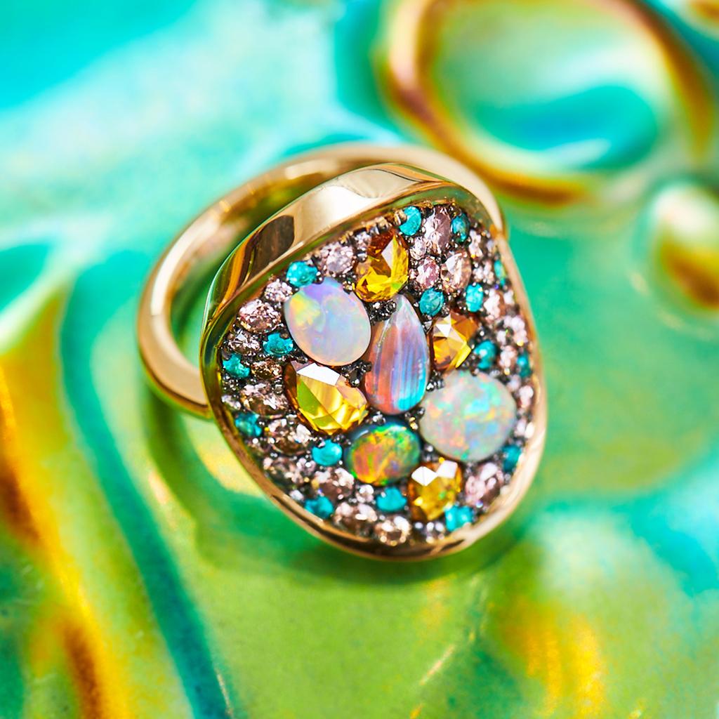 Lightning Ridge Black Opal, Paraïba Tourmaline Orangy and Pink Diamond Pave Ring 12