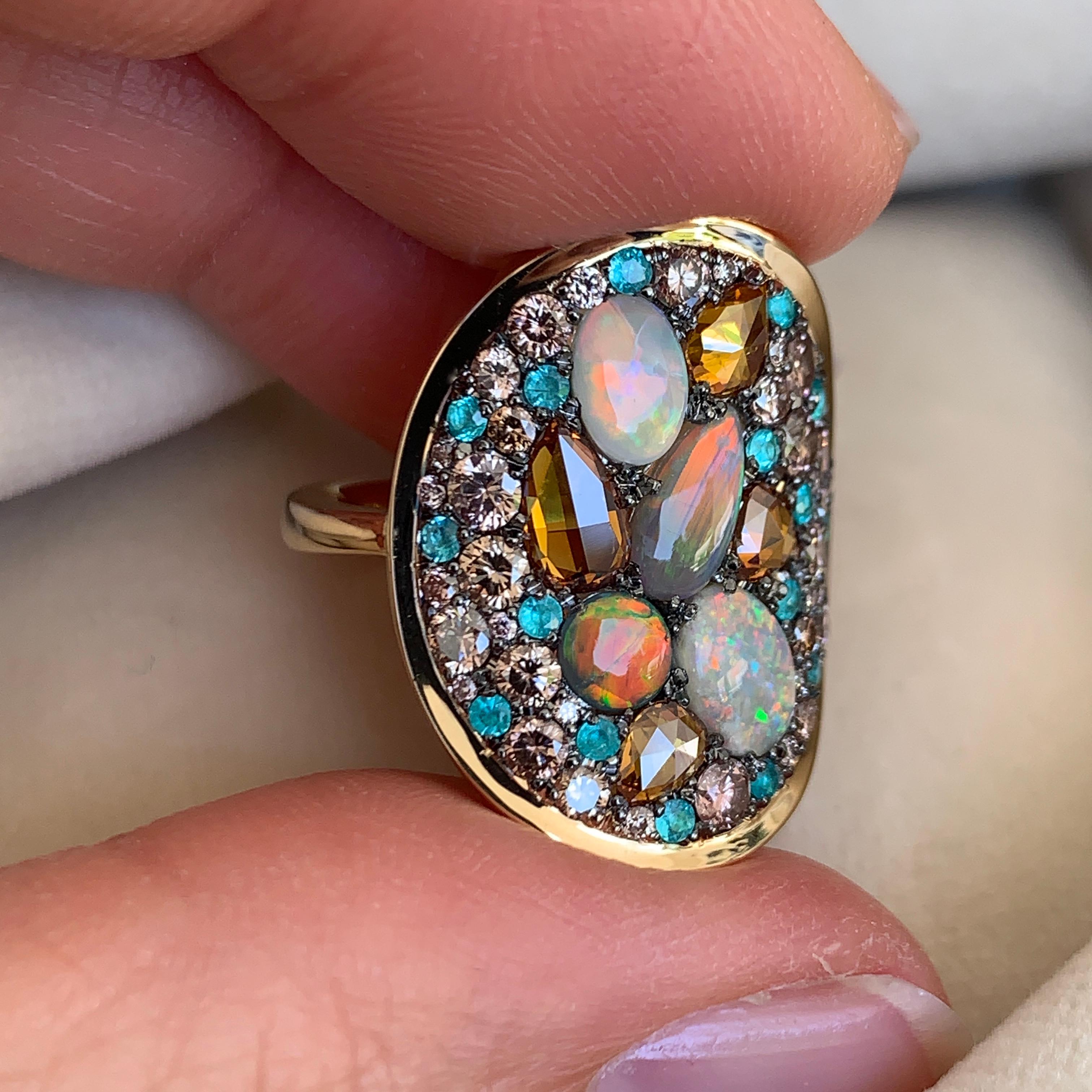 Lightning Ridge Black Opal, Paraïba Tourmaline Orangy and Pink Diamond Pave Ring 2