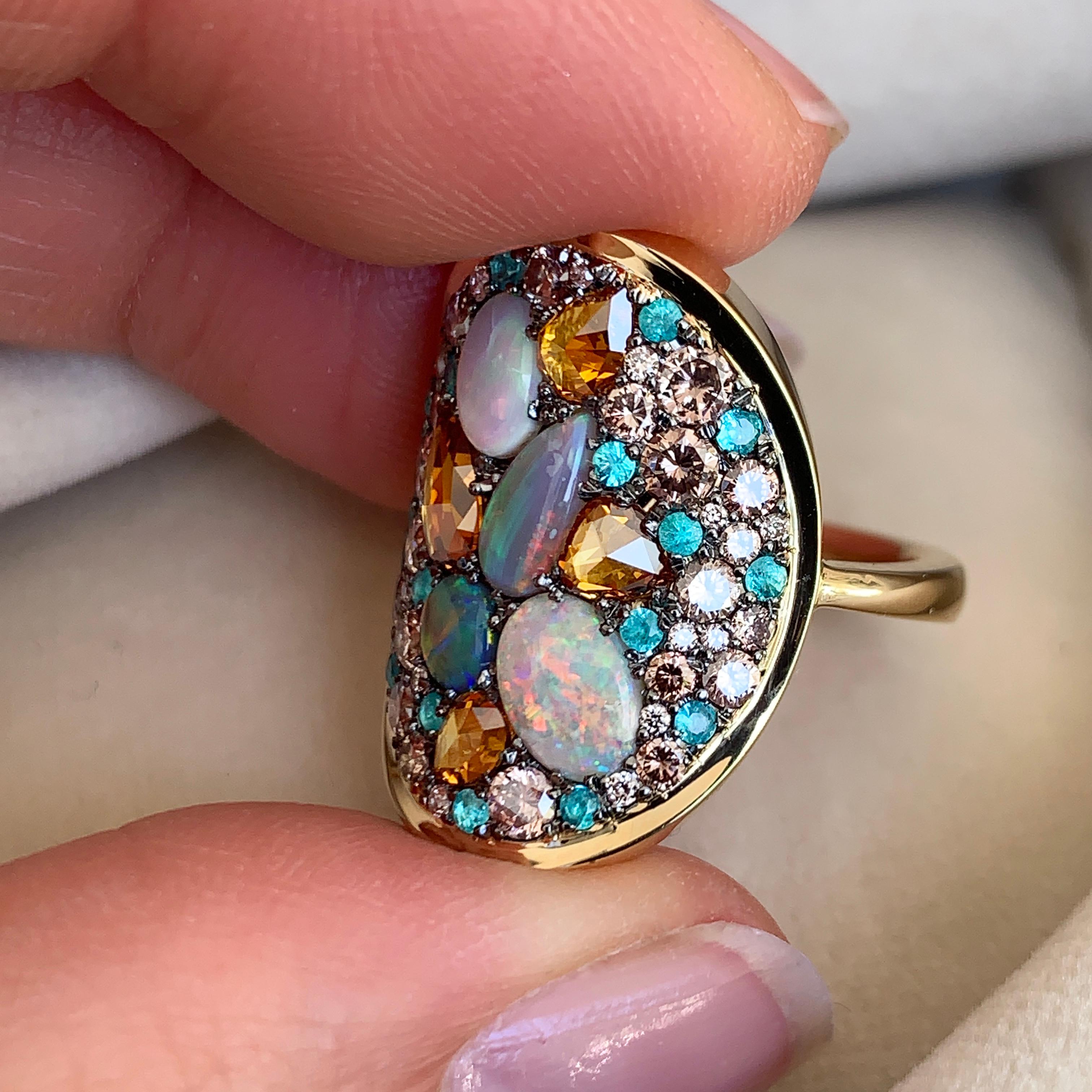 Lightning Ridge Black Opal, Paraïba Tourmaline Orangy and Pink Diamond Pave Ring 4