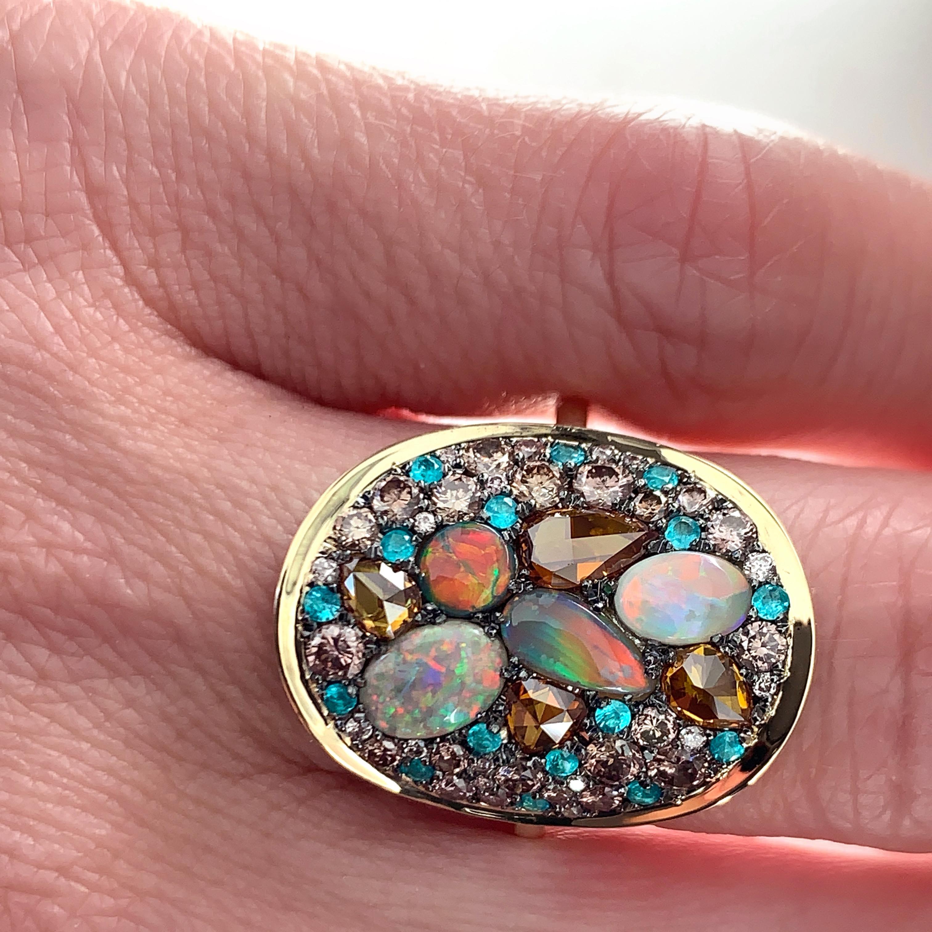 Lightning Ridge Black Opal, Paraïba Tourmaline Orangy and Pink Diamond Pave Ring 5