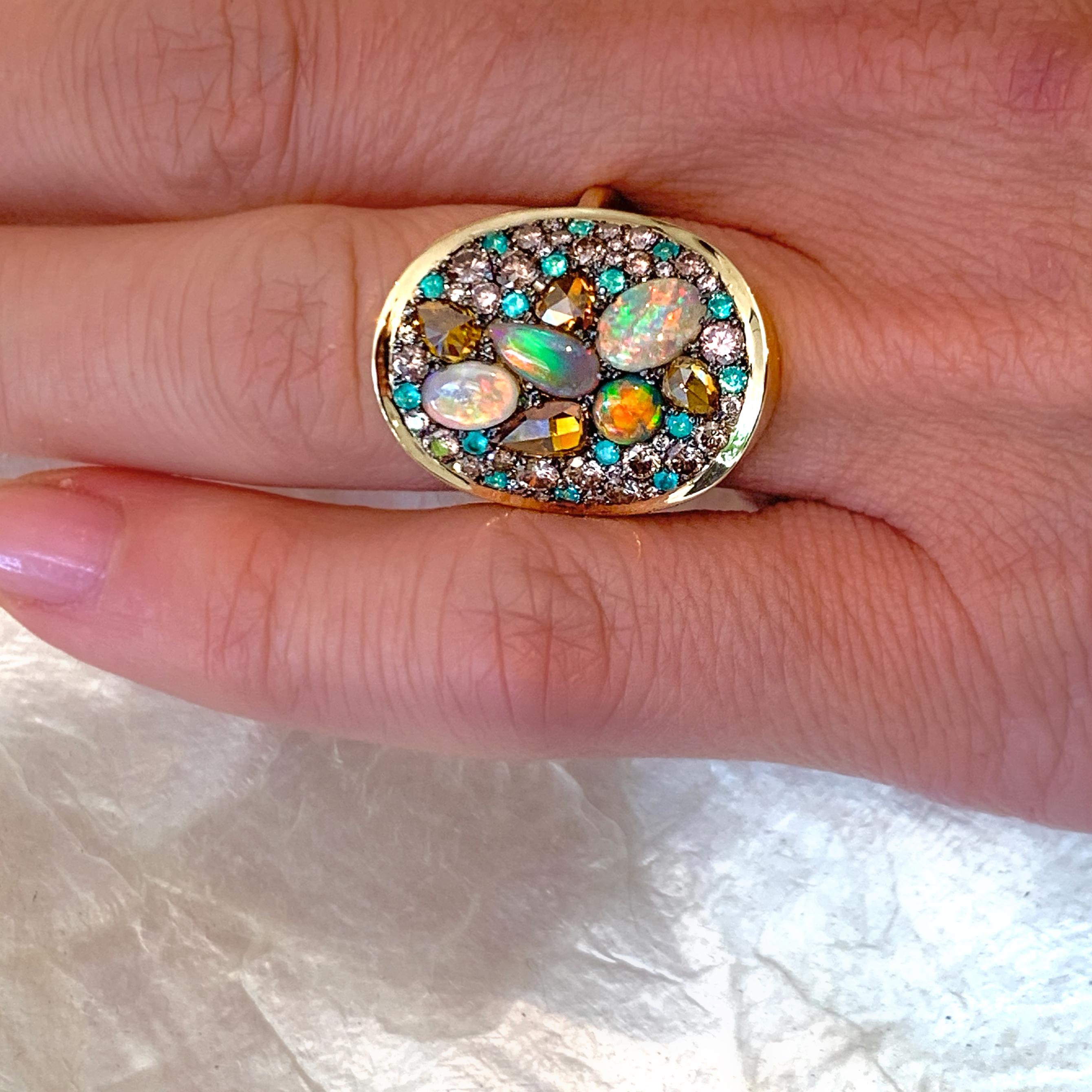 Lightning Ridge Black Opal, Paraïba Tourmaline Orangy and Pink Diamond Pave Ring 6