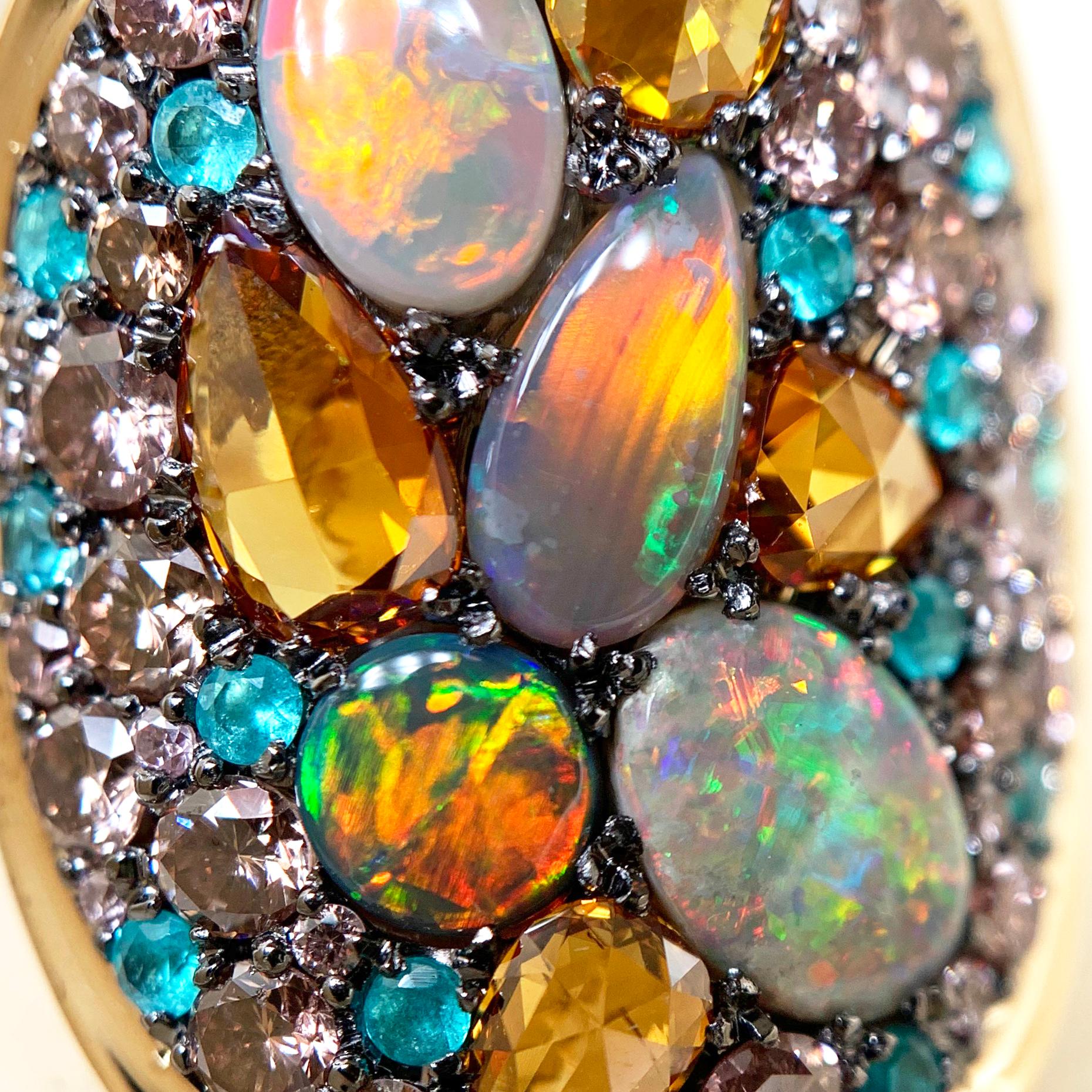 Lightning Ridge Black Opal, Paraïba Tourmaline Orangy and Pink Diamond Pave Ring 10