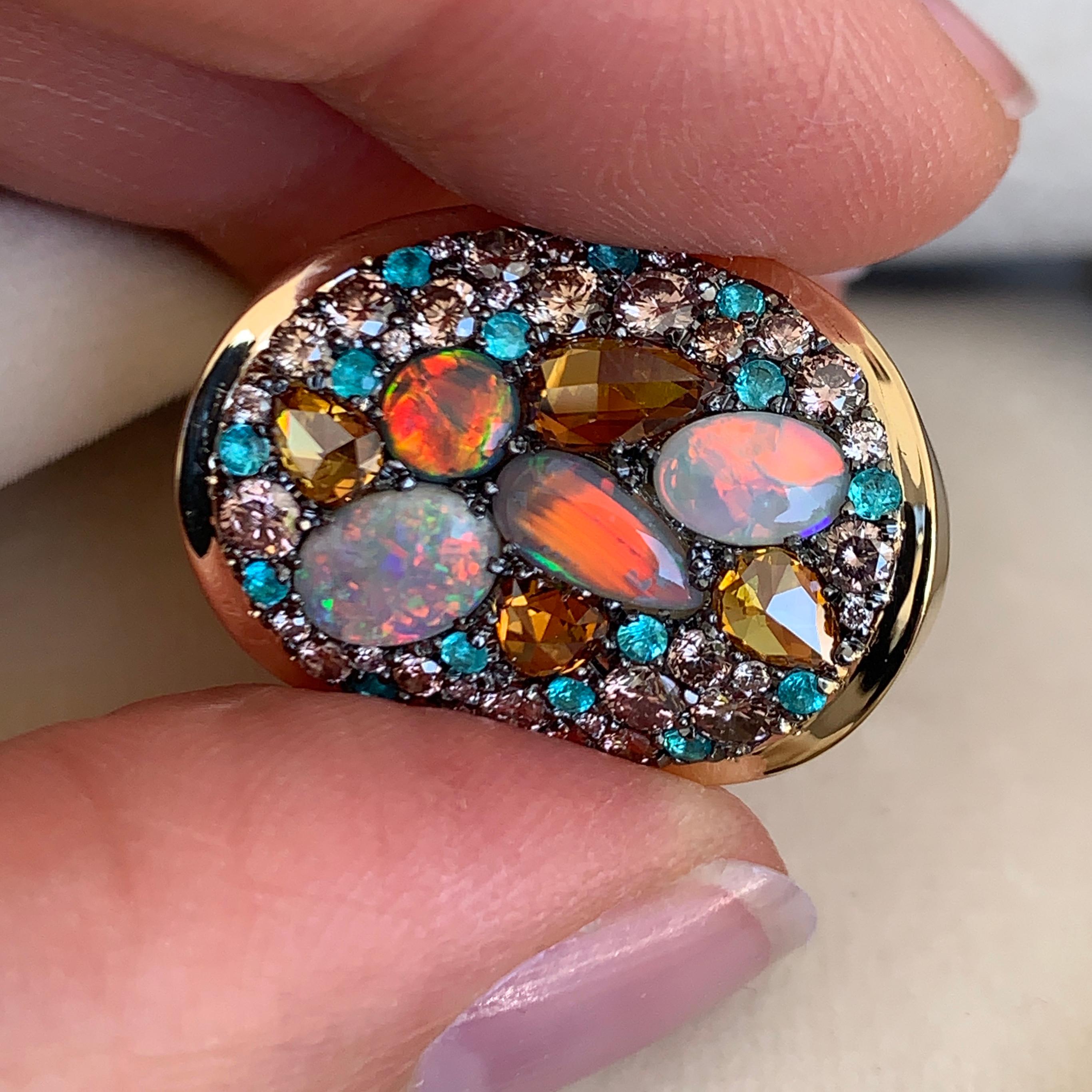 Lightning Ridge Black Opal, Paraïba Tourmaline Orangy and Pink Diamond Pave Ring In New Condition In Antwerp, BE