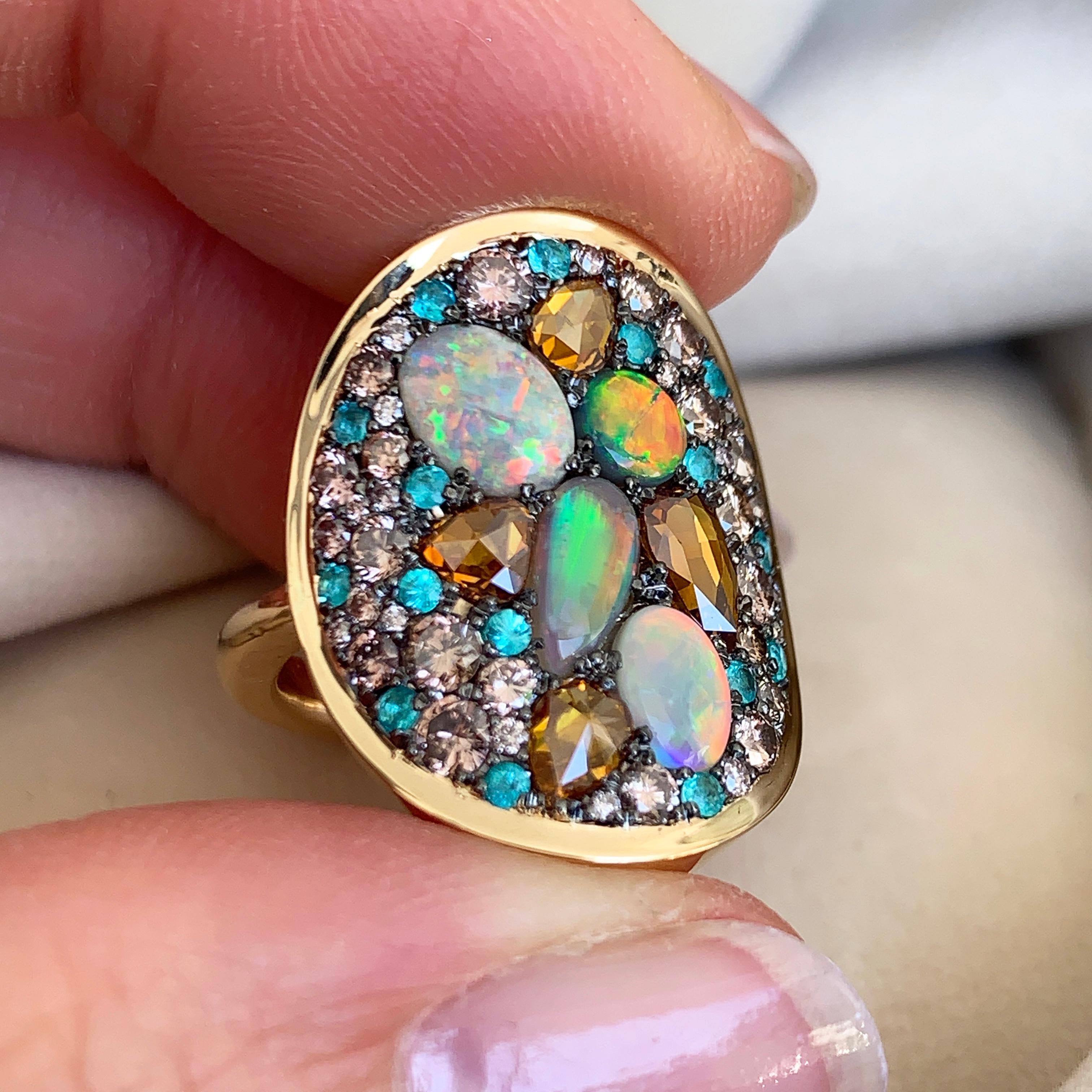 Lightning Ridge Black Opal, Paraïba Tourmaline Orangy and Pink Diamond Pave Ring 1