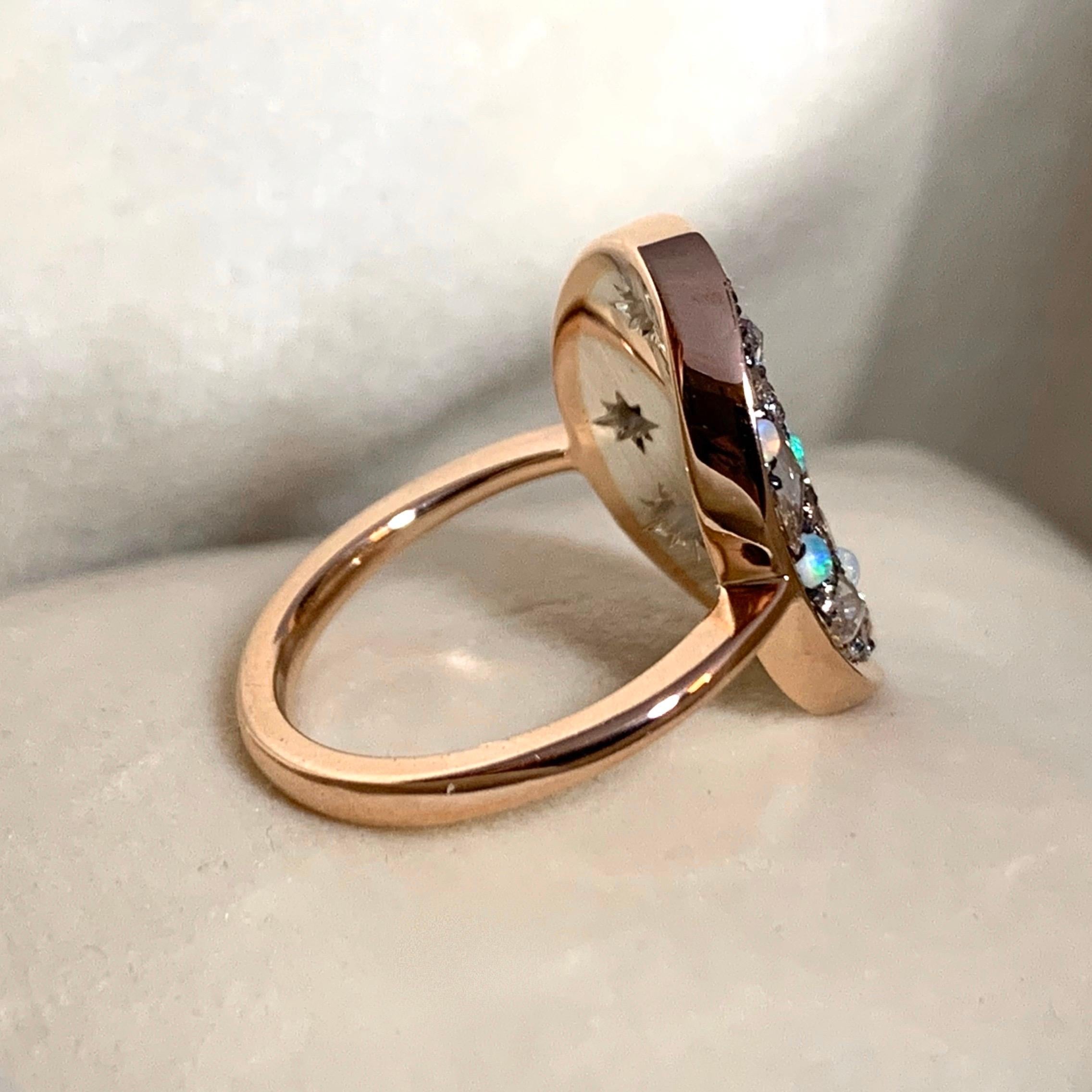 Art Nouveau Lightning Ridge Dark Opal, Pink Diamond Pink Padparadscha Sapphire Ring