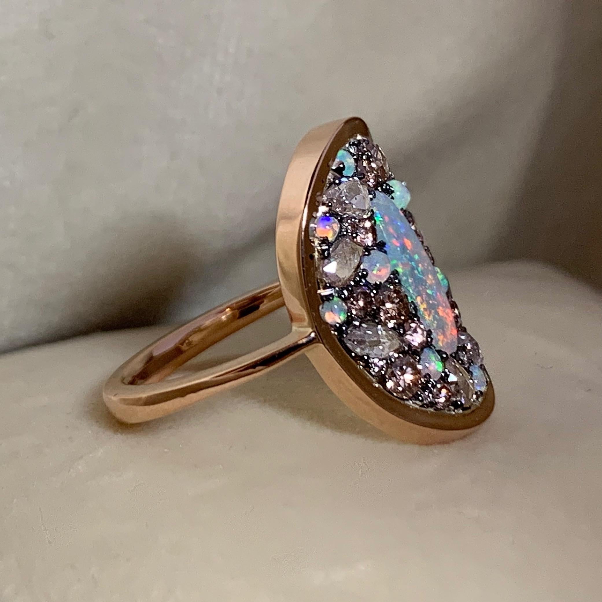 Oval Cut Lightning Ridge Dark Opal, Pink Diamond Pink Padparadscha Sapphire Ring