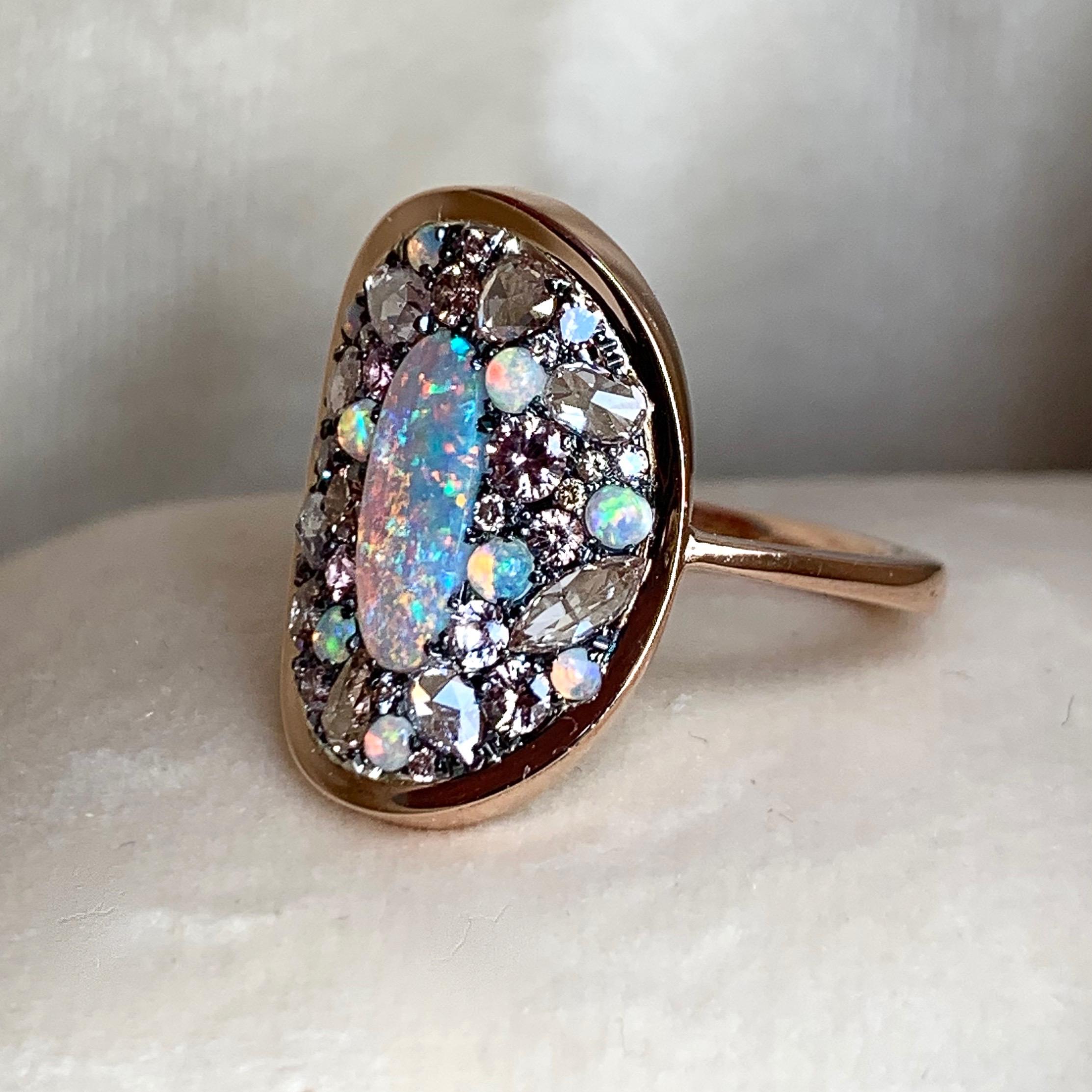 Women's Lightning Ridge Dark Opal, Pink Diamond Pink Padparadscha Sapphire Ring