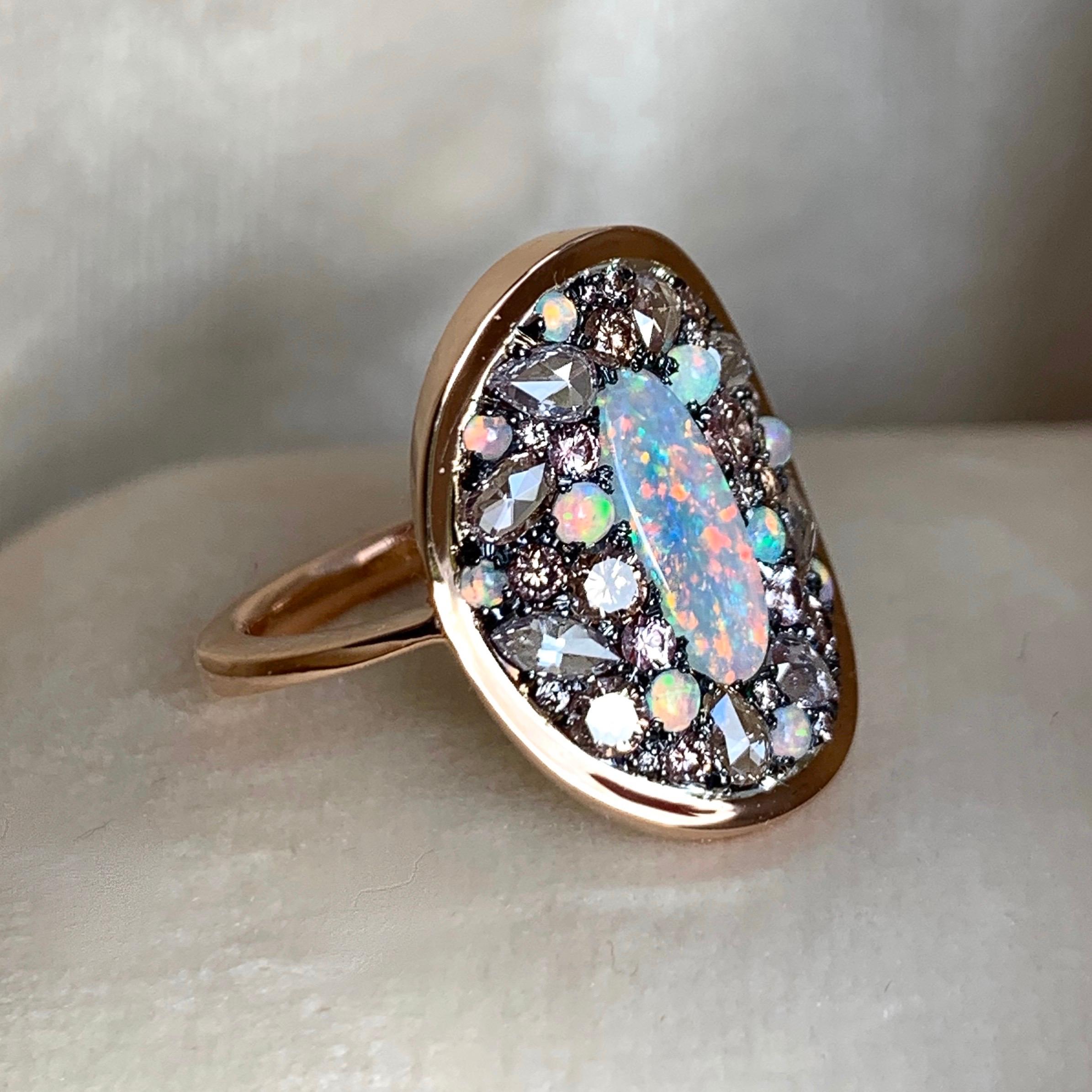 Lightning Ridge Dark Opal, Pink Diamond Pink Padparadscha Sapphire Ring 1