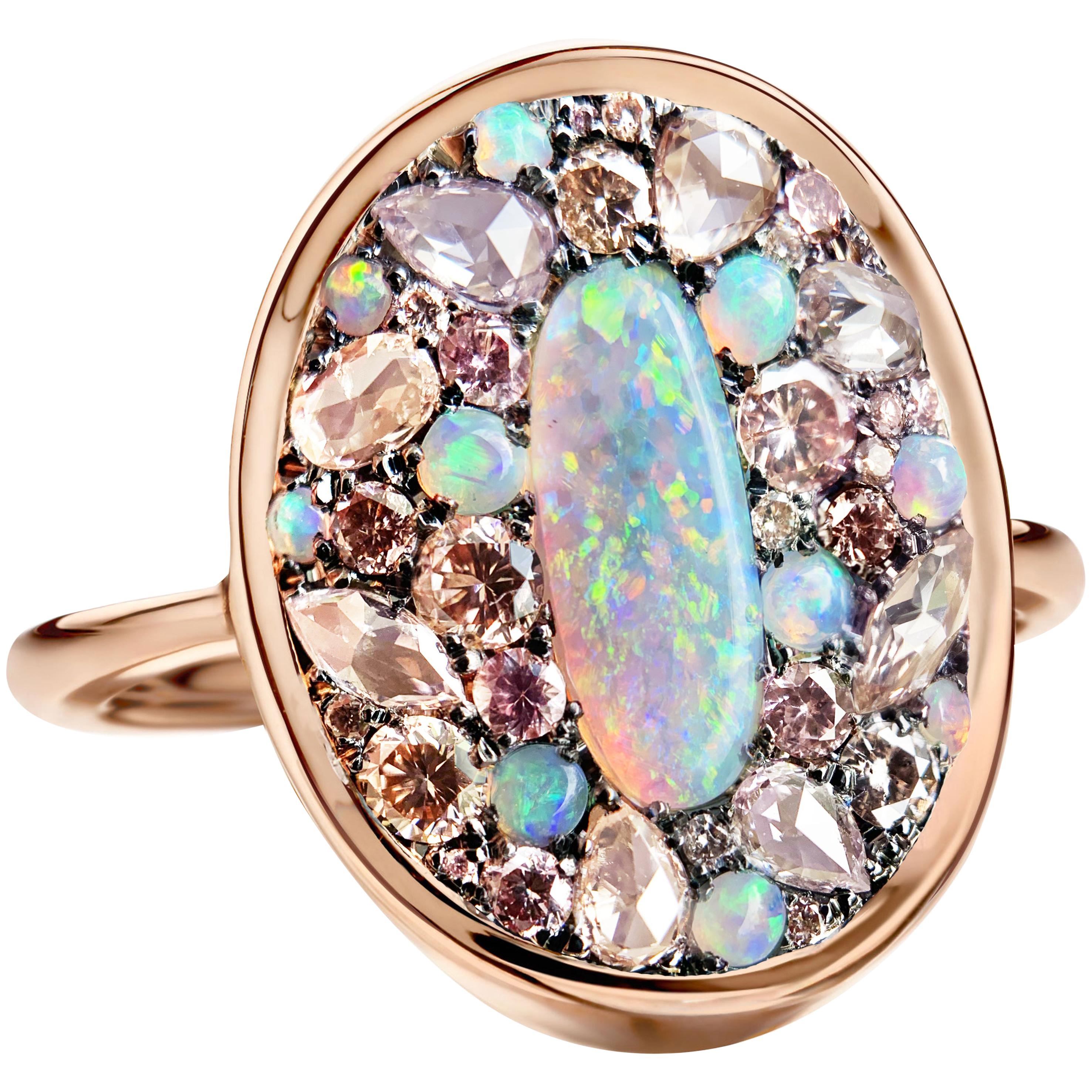 Lightning Ridge Dark Opal, Pink Diamond Pink Padparadscha Sapphire Ring