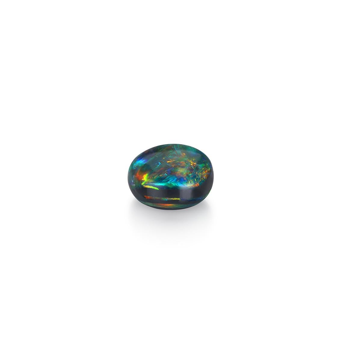 Spectacular in color and shape and exhibiting a stunning range of colors, this 2.18 carat natural black opal is a gem-quality stone for the avid collector or jewelry lover. 

Unlike ordinary opals, black opals have carbon and iron oxide trace