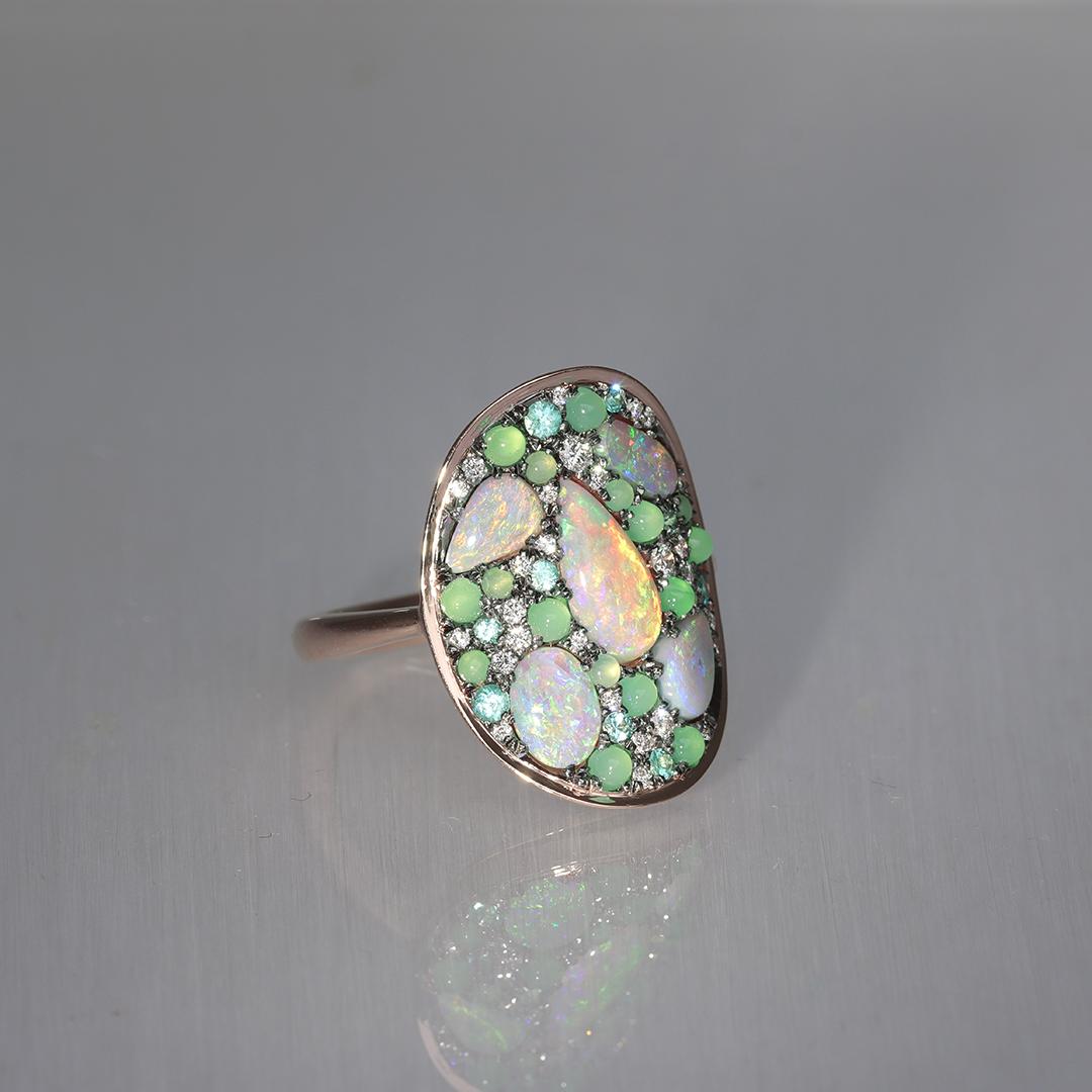 Lightning Ridge Opal Chrysophrase Paraiba Tourmaline White Diamond Mosaic Ring 3