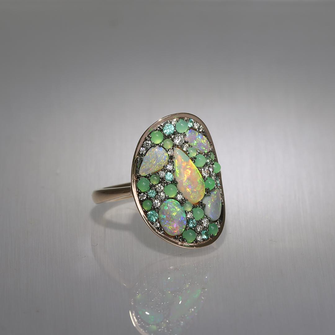 Lightning Ridge Opal Chrysophrase Paraiba Tourmaline White Diamond Mosaic Ring 4