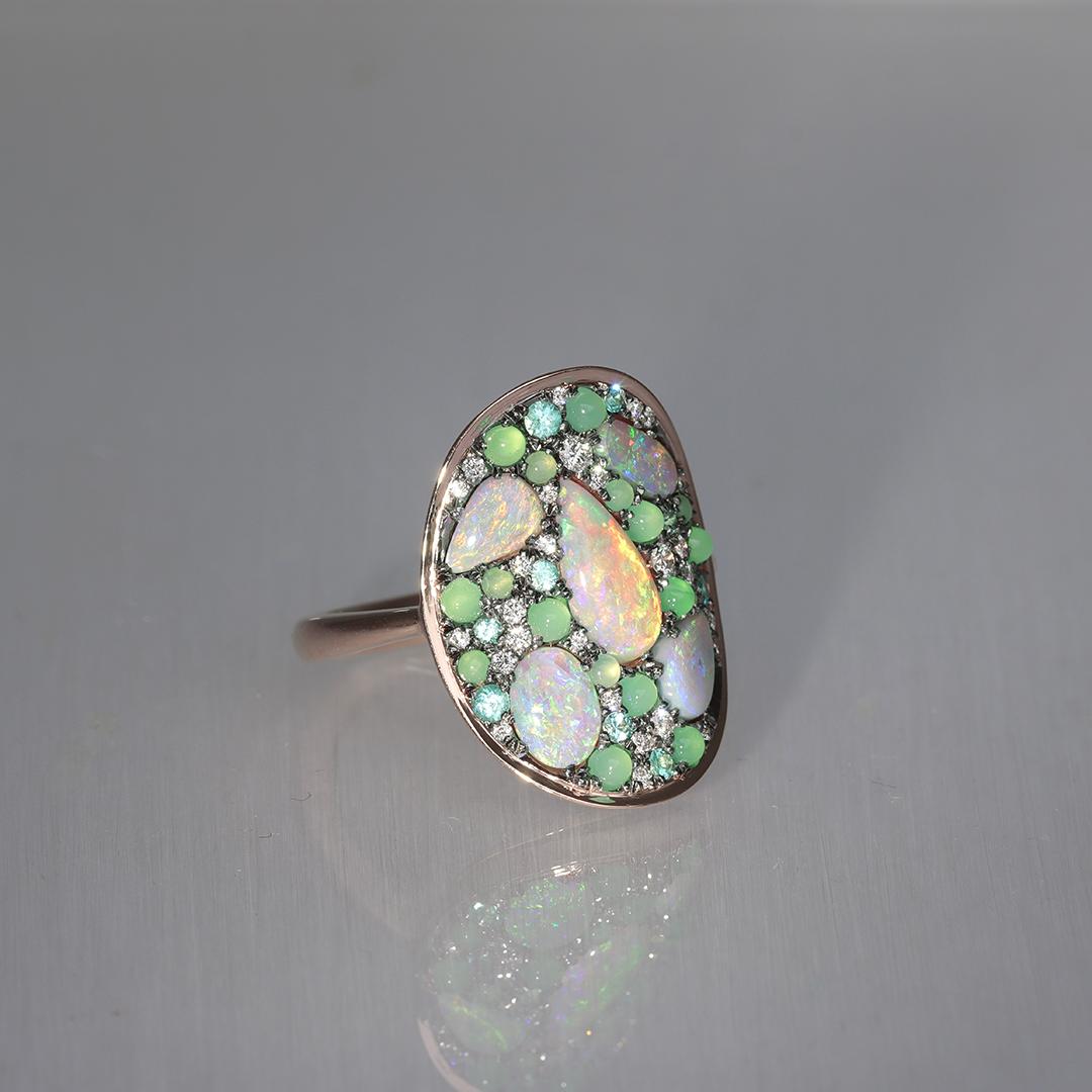 Lightning Ridge Opal Chrysophrase Paraiba Tourmaline White Diamond Mosaic Ring For Sale 5