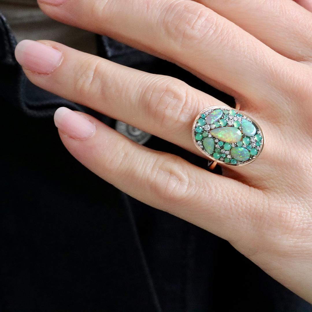 Lightning Ridge Opal Chrysophrase Paraiba Tourmaline White Diamond Mosaic Ring 6
