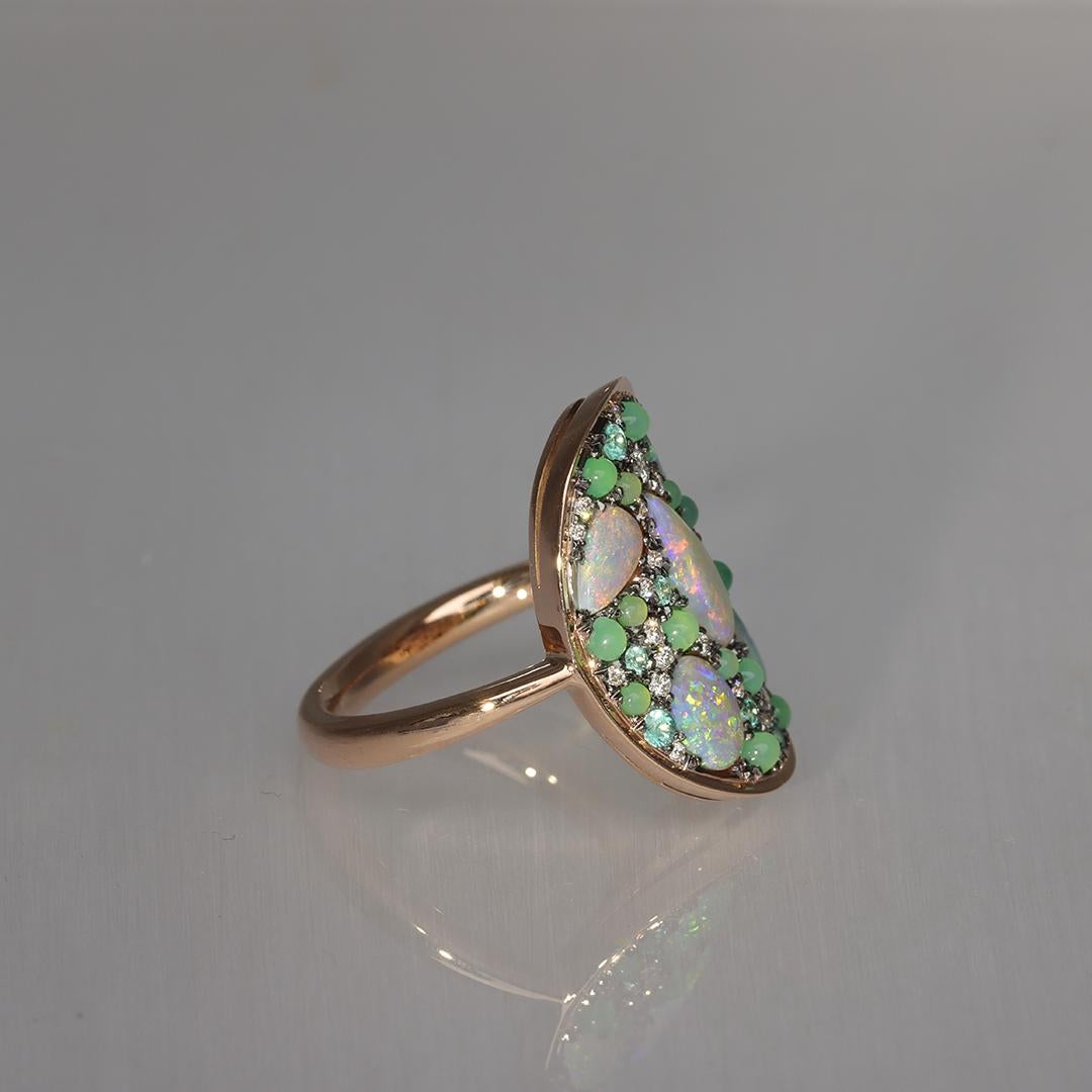 Lightning Ridge Opal Chrysophrase Paraiba Tourmaline White Diamond Mosaic Ring For Sale 7