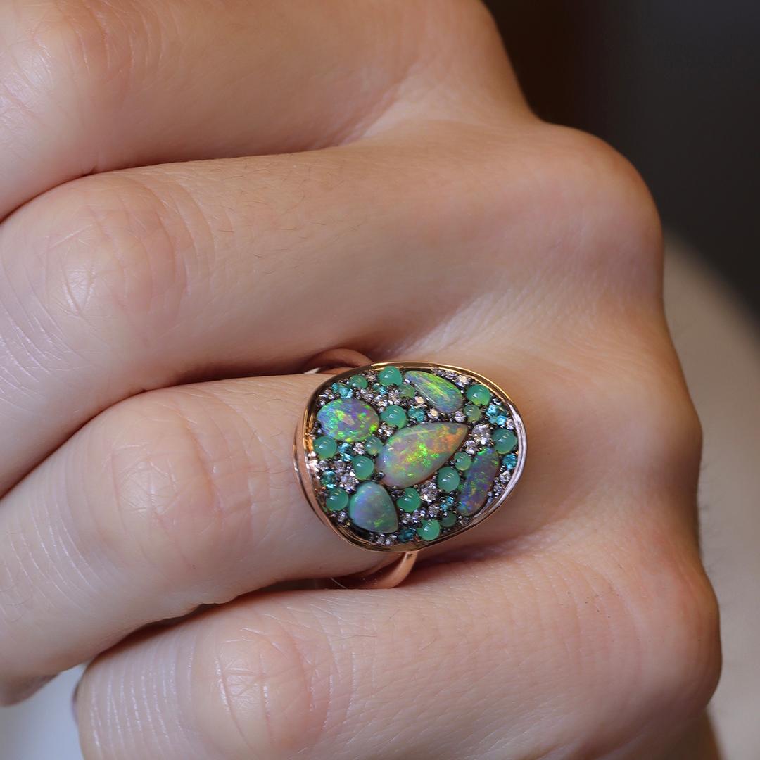 Lightning Ridge Opal Chrysophrase Paraiba Tourmaline White Diamond Mosaic Ring 7