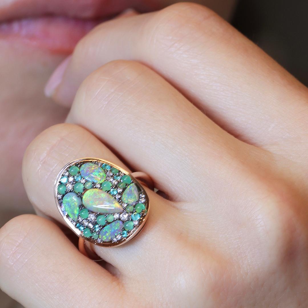 Lightning Ridge Opal Chrysophrase Paraiba Tourmaline White Diamond Mosaic Ring 8