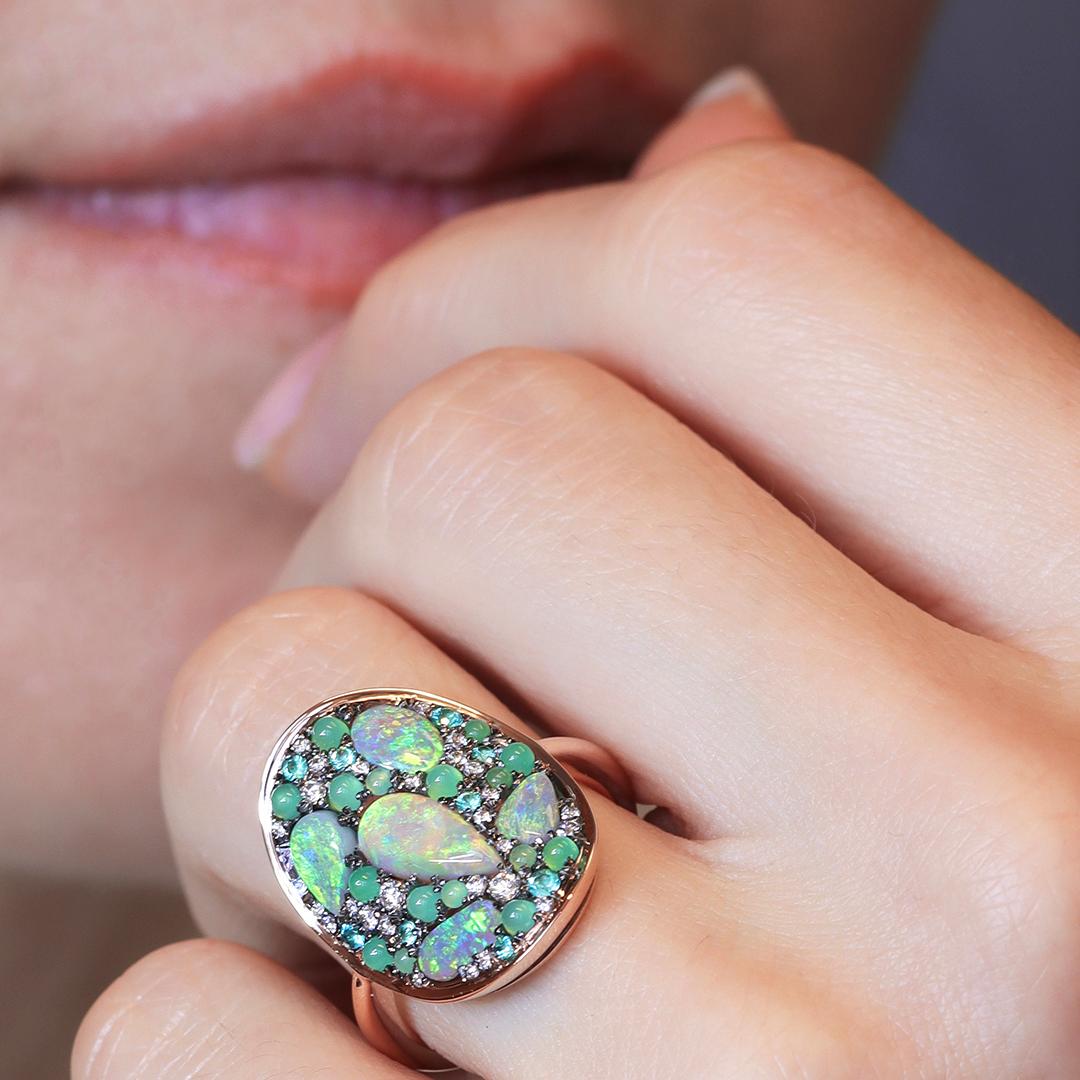 Lightning Ridge Opal Chrysophrase Paraiba Tourmaline White Diamond Mosaic Ring 9