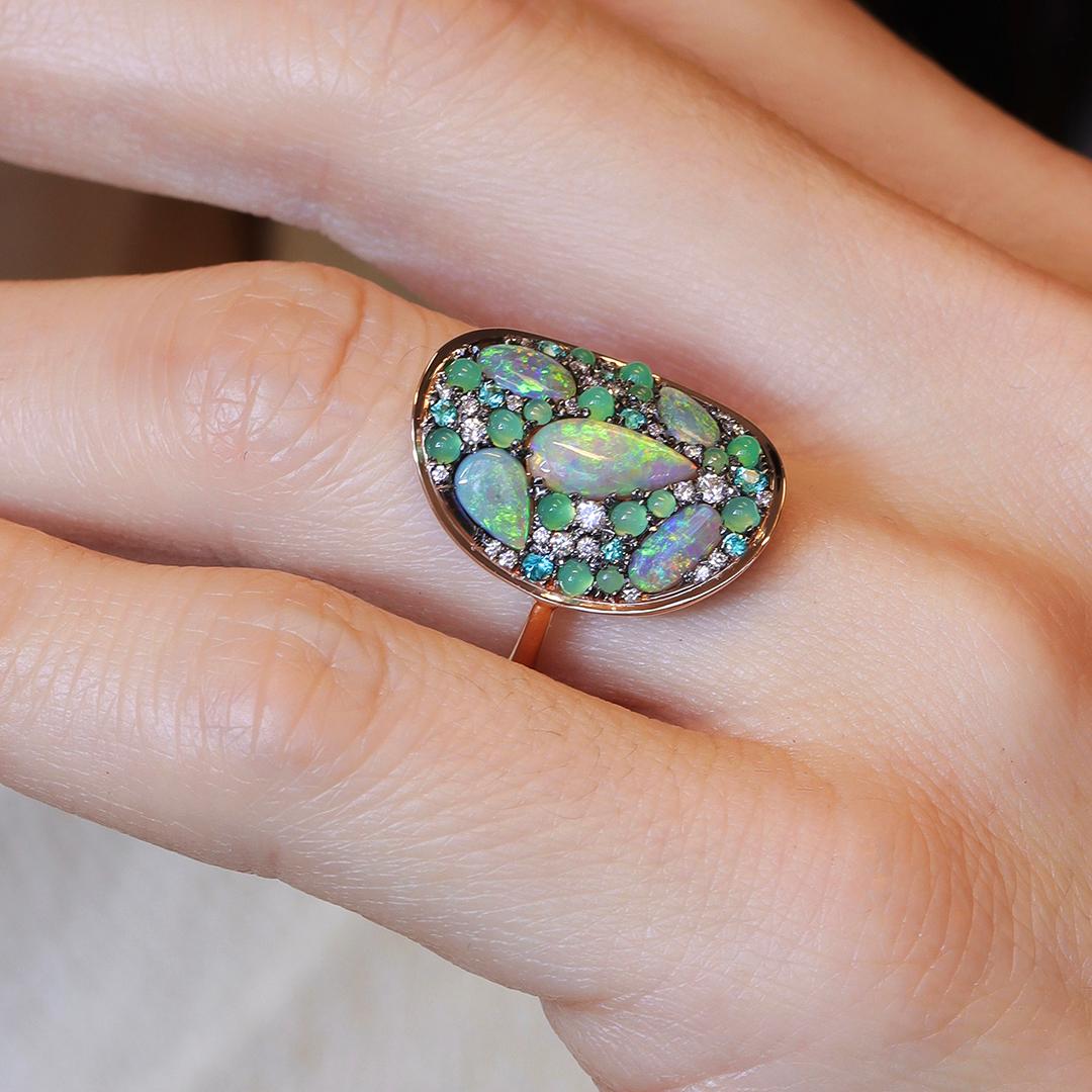 Lightning Ridge Opal Chrysophrase Paraiba Tourmaline White Diamond Mosaic Ring 10