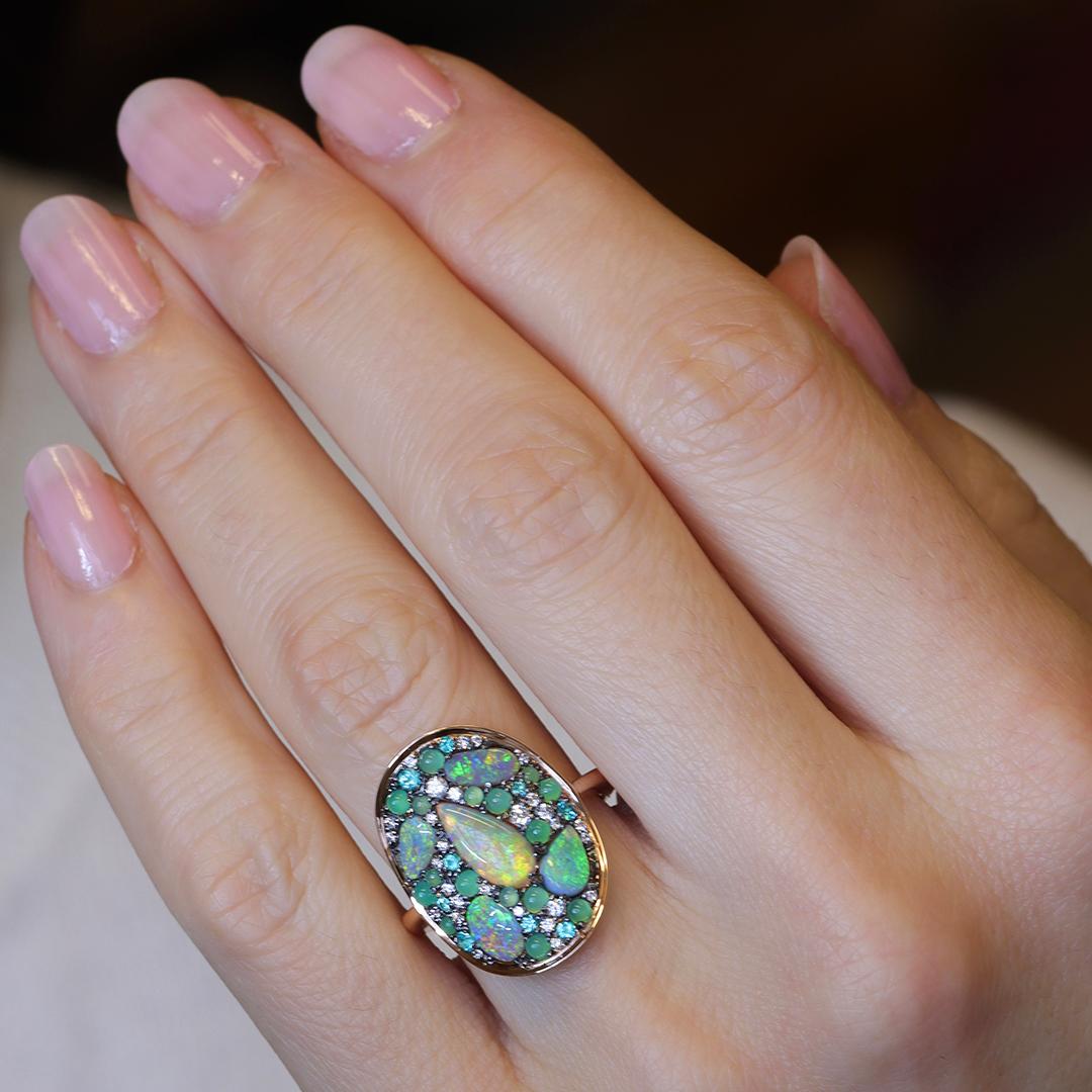 Lightning Ridge Opal Chrysophrase Paraiba Tourmaline White Diamond Mosaic Ring 11