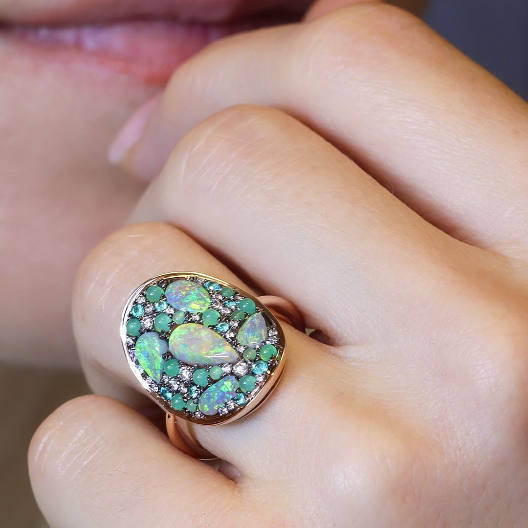Lightning Ridge Opal Chrysophrase Paraiba Tourmaline White Diamond Mosaic Ring 12