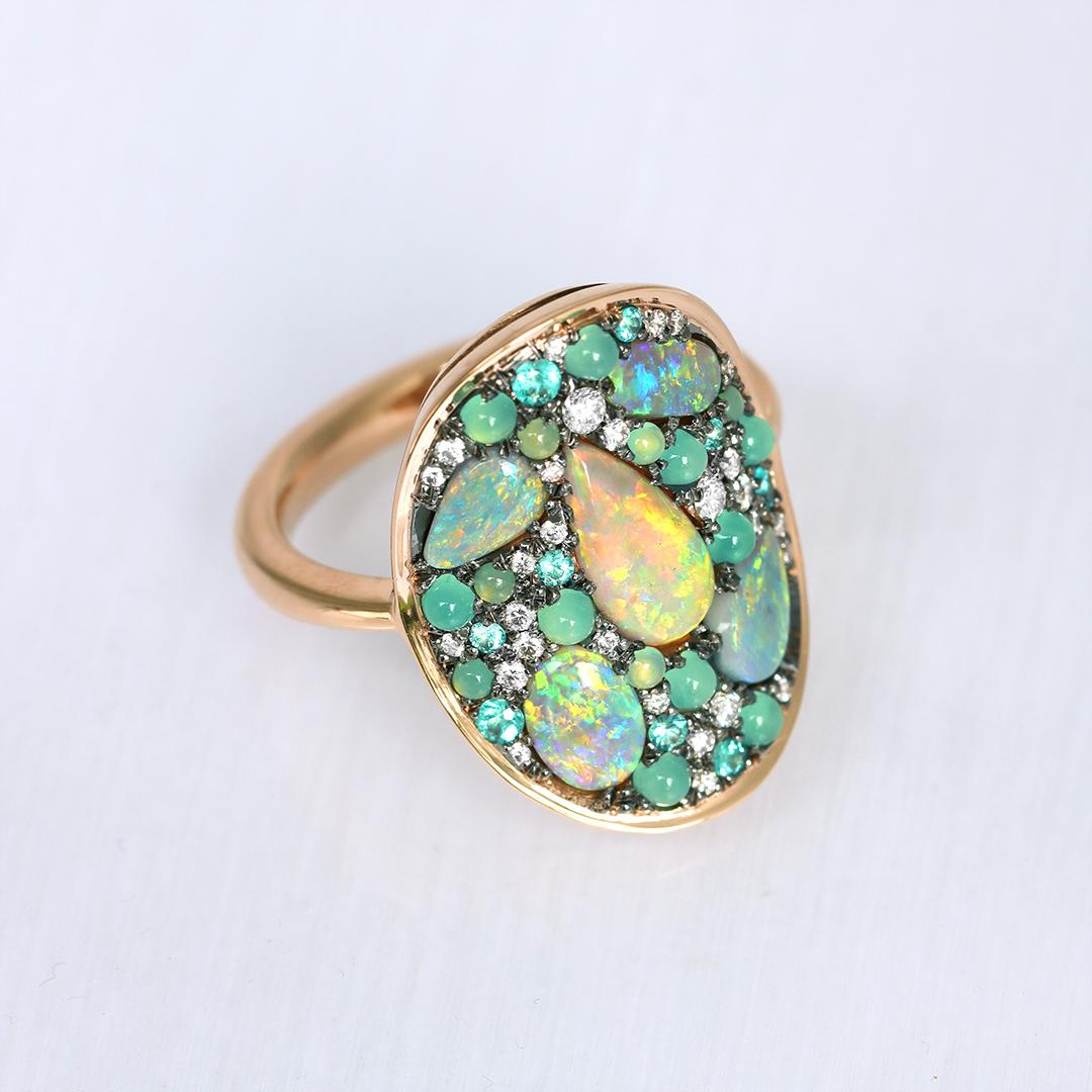 Cabochon Lightning Ridge Opal Chrysophrase Paraiba Tourmaline White Diamond Mosaic Ring