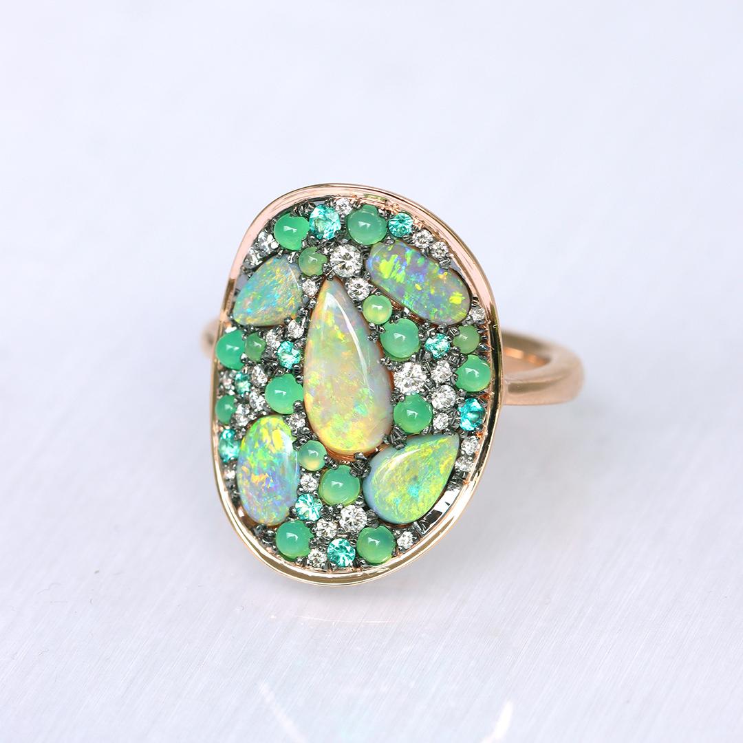 Lightning Ridge Opal Chrysophrase Paraiba Tourmaline White Diamond Mosaic Ring 1