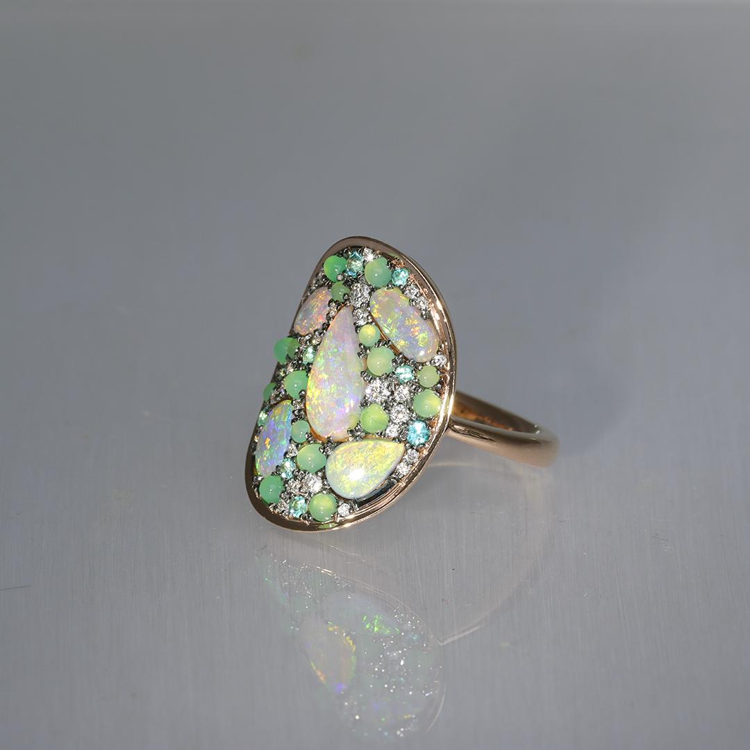 Lightning Ridge Opal Chrysophrase Paraiba Tourmaline White Diamond Mosaic Ring 1