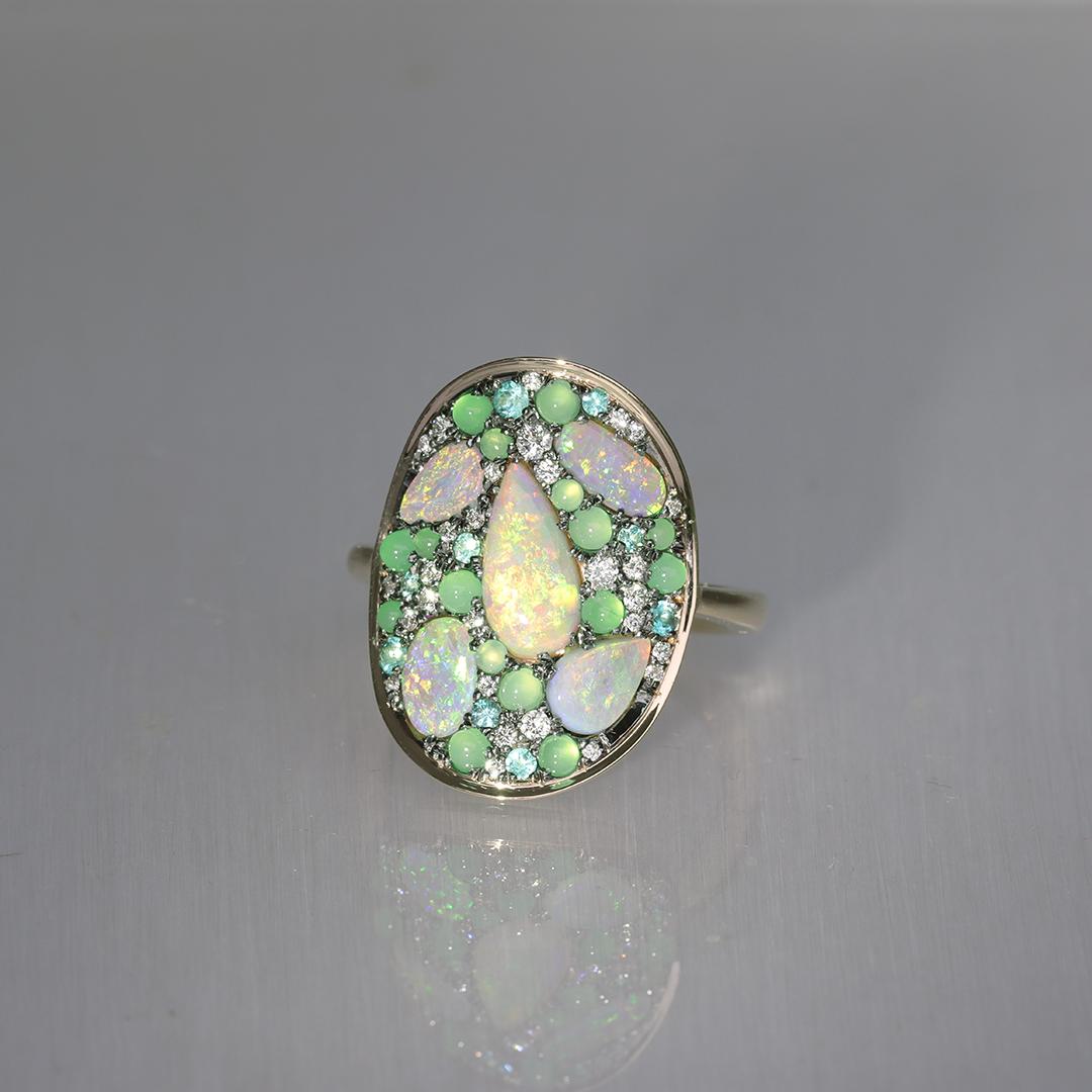Lightning Ridge Opal Chrysophrase Paraiba Tourmaline White Diamond Mosaic Ring 2