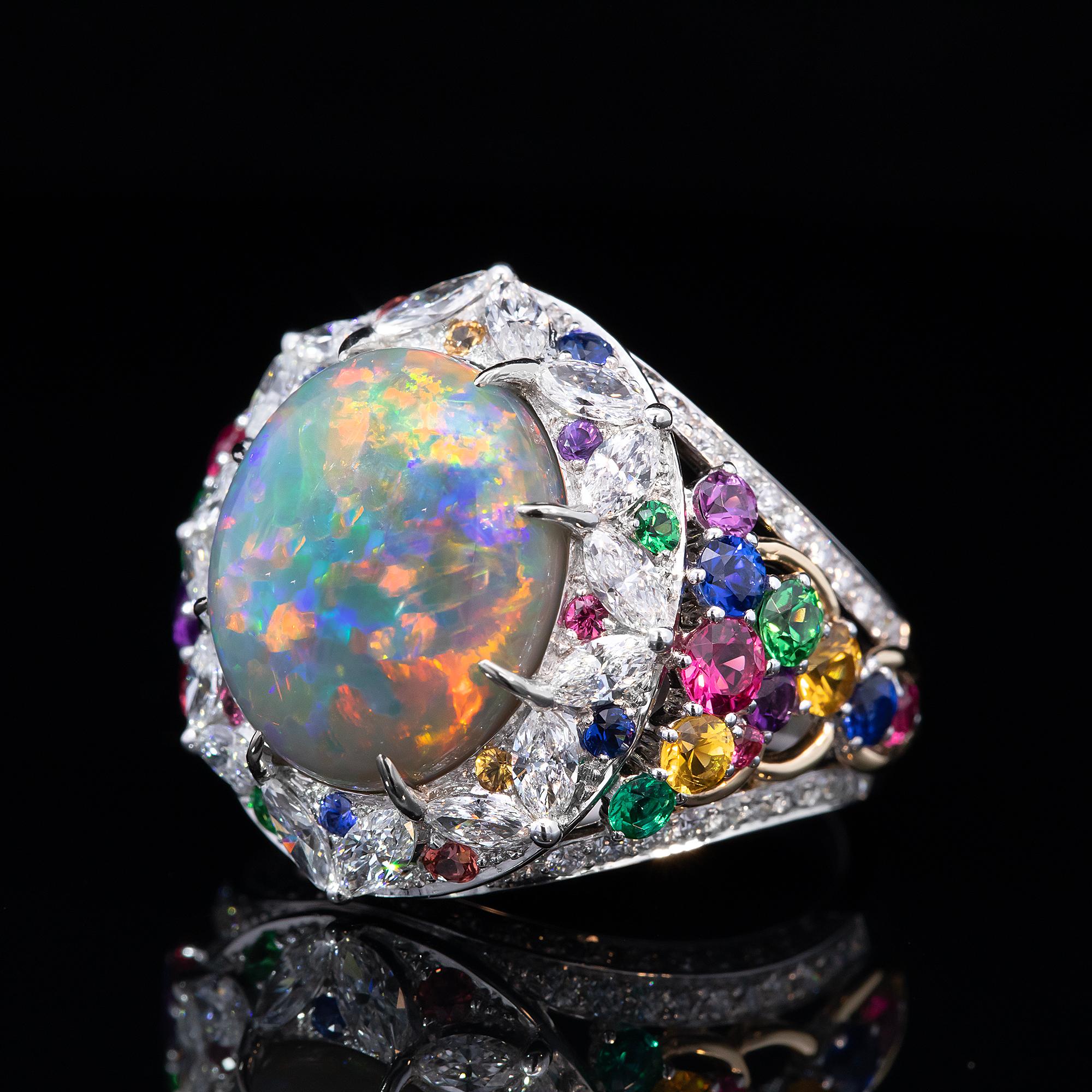 Lightning Ridge Opal & Gemstone Ring - A Gerard McCabe Lorikeet Design In New Condition For Sale In ADELAIDE, SA