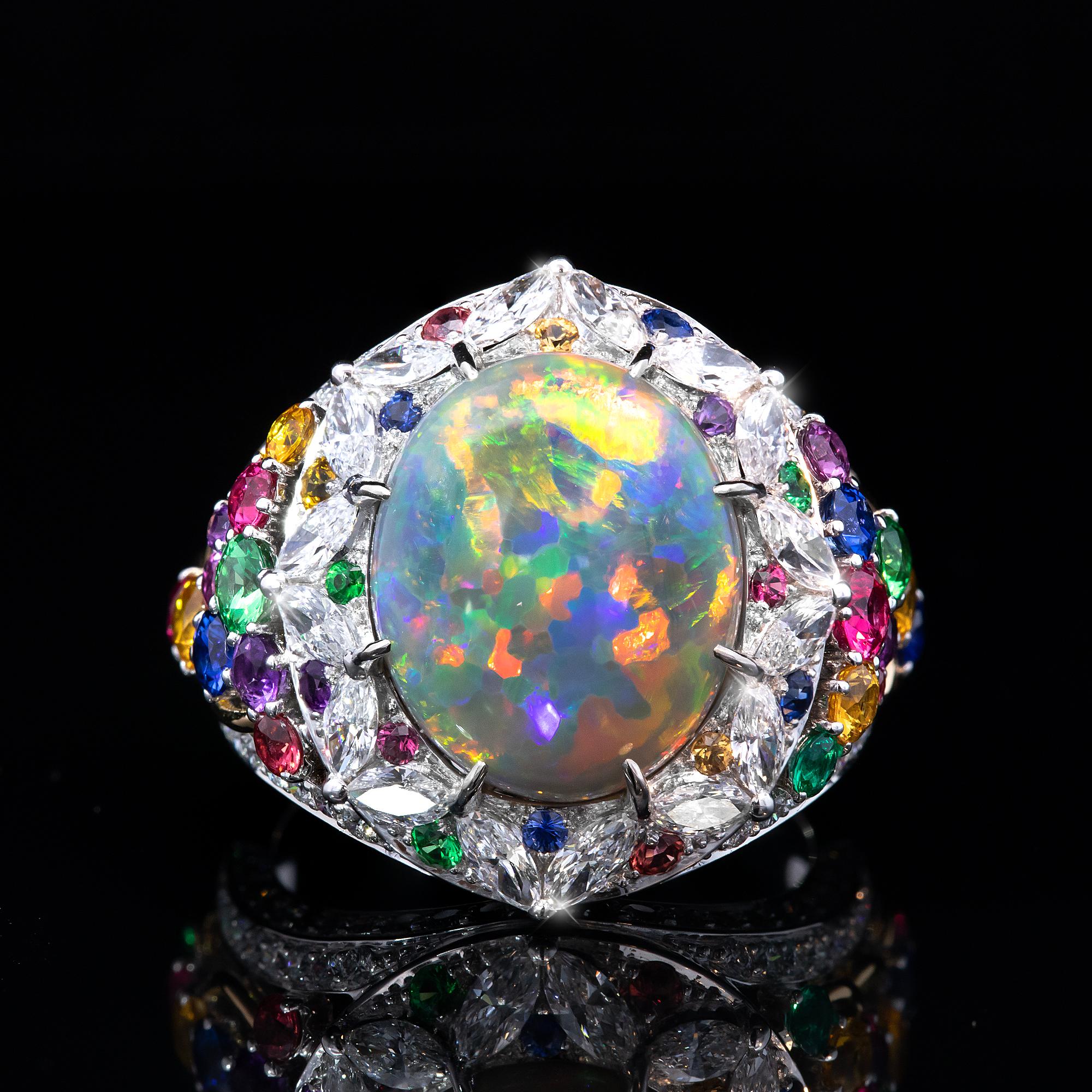Women's or Men's Lightning Ridge Opal & Gemstone Ring - A Gerard McCabe Lorikeet Design For Sale