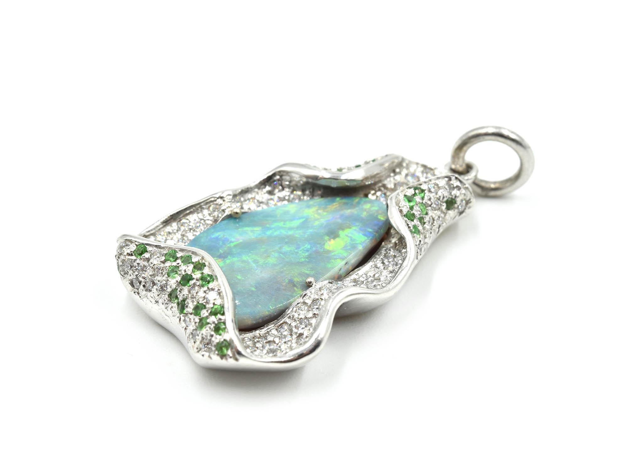 Women's or Men's Lightning Ridge Opal, Ruby, Tsavorite and Diamond 14 Karat White Gold Pendant