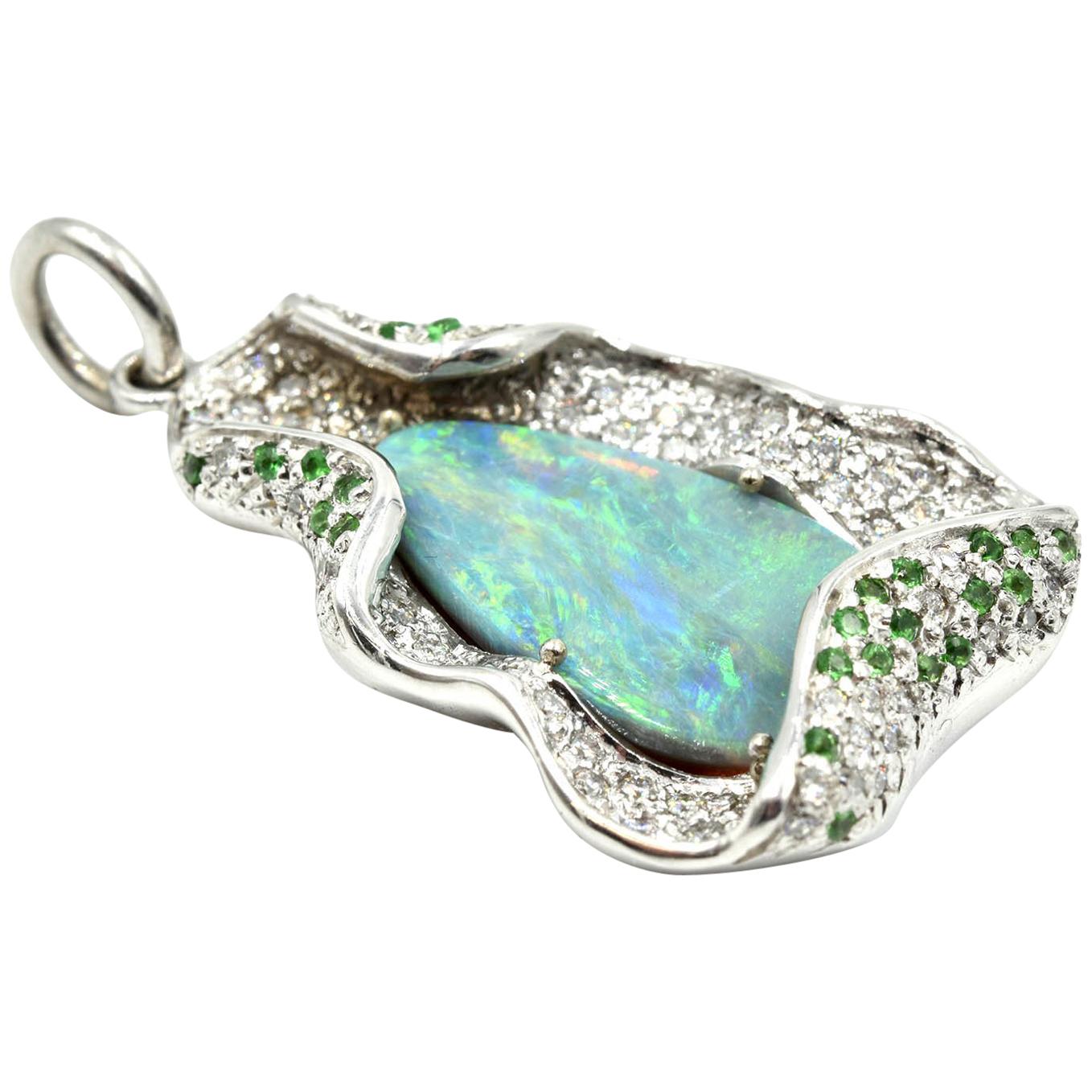 Lightning Ridge Opal, Ruby, Tsavorite and Diamond 14 Karat White Gold Pendant