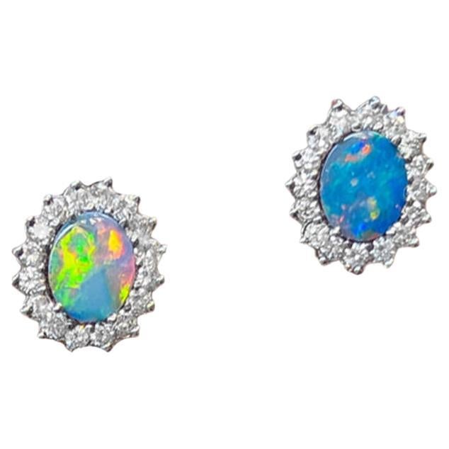 Lightning Ridge Opal Stud Earrings With Diamonds 1.80 Carats 18K White Gold For Sale