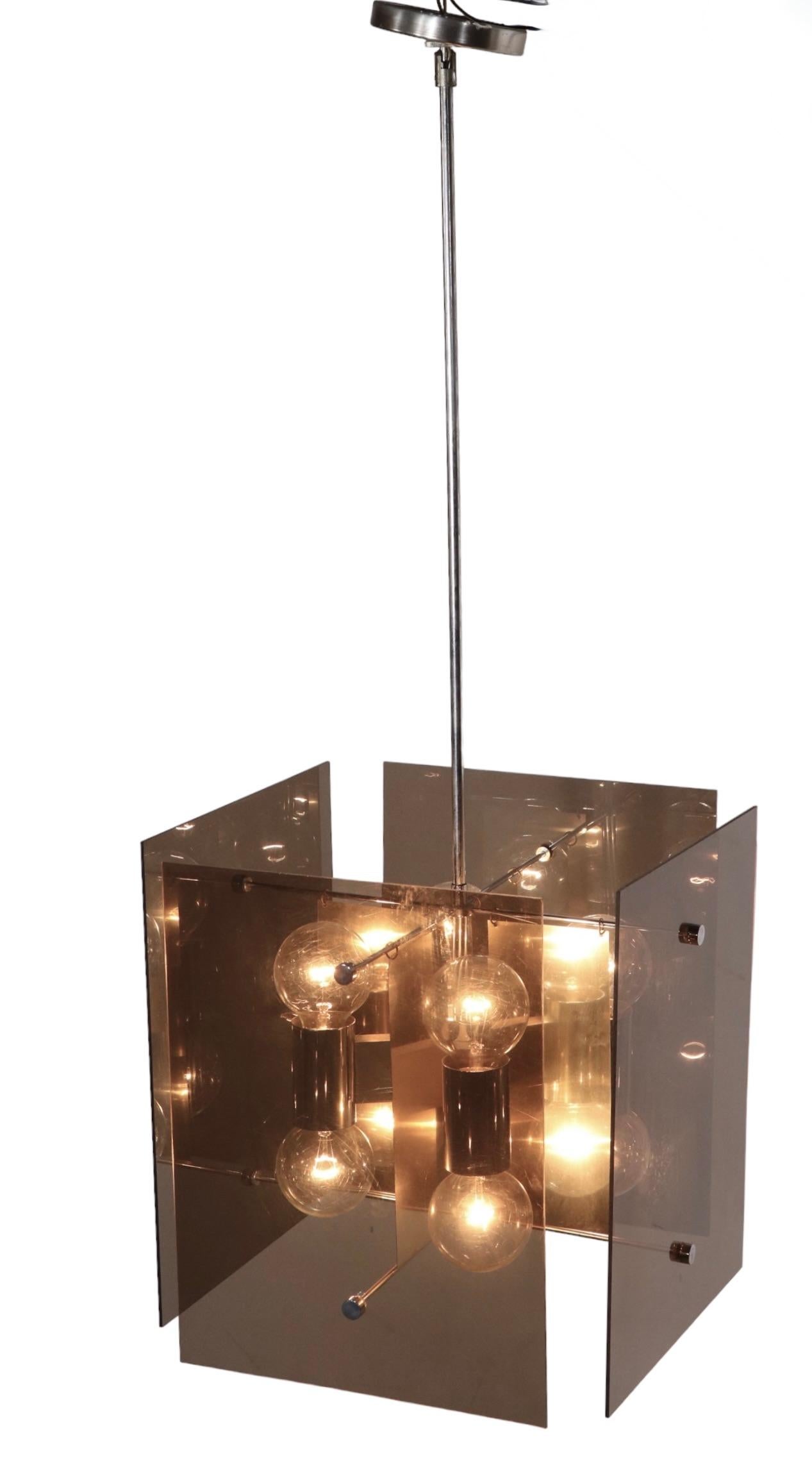 American Lightolier 1970's Tinted Lucite and Chrome Cube Form Chandelier For Sale