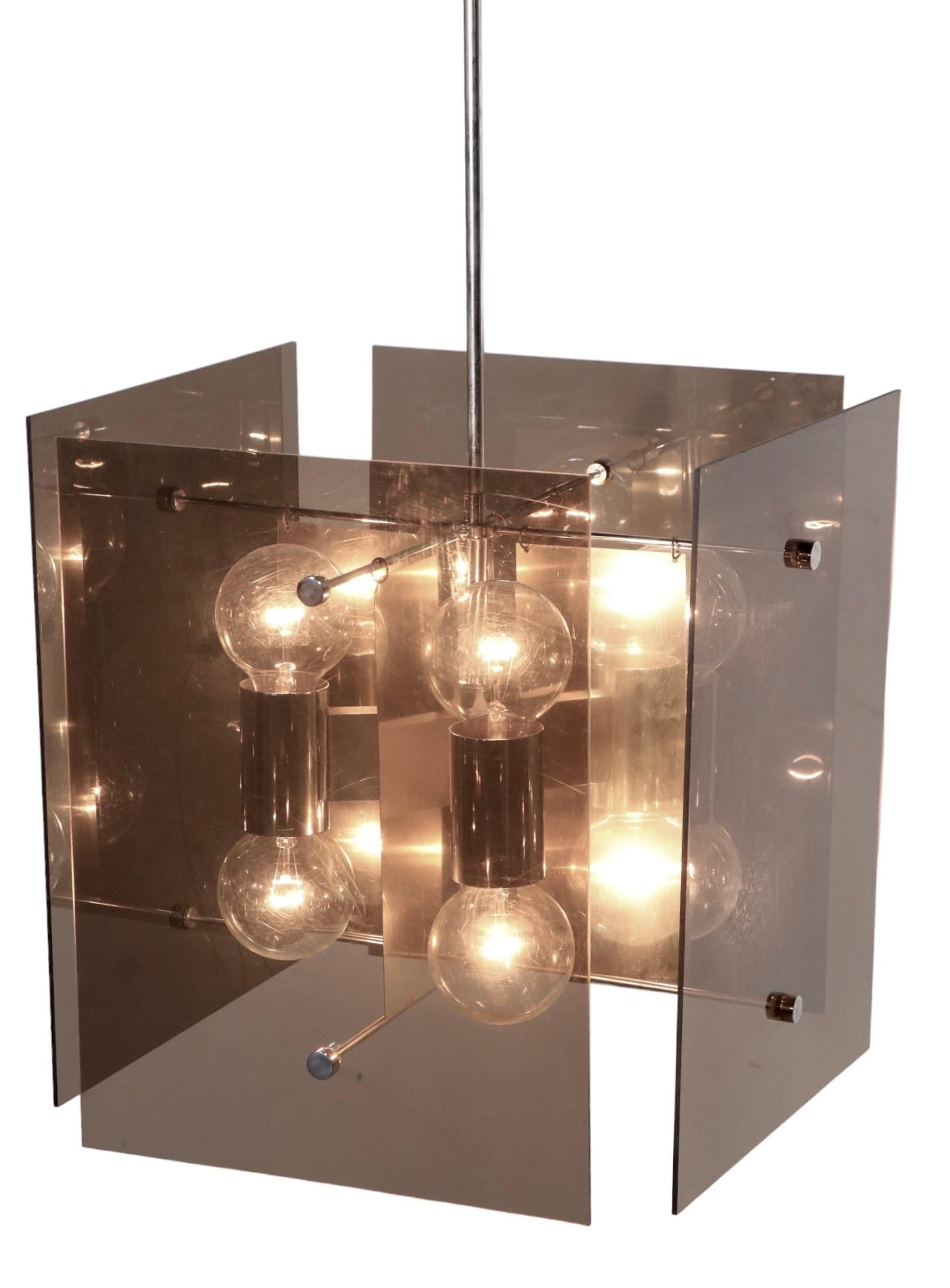Late 20th Century Lightolier 1970's Tinted Lucite and Chrome Cube Form Chandelier For Sale