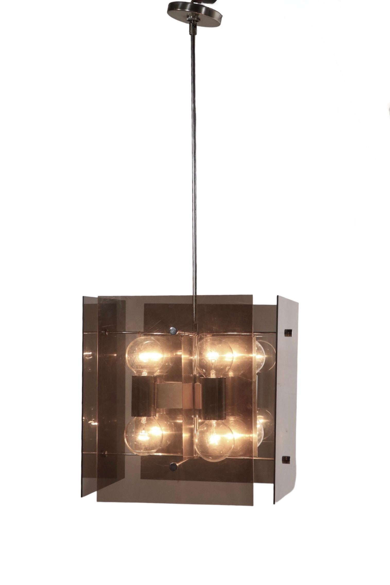 Lightolier 1970's Tinted Lucite and Chrome Cube Form Chandelier For Sale 1