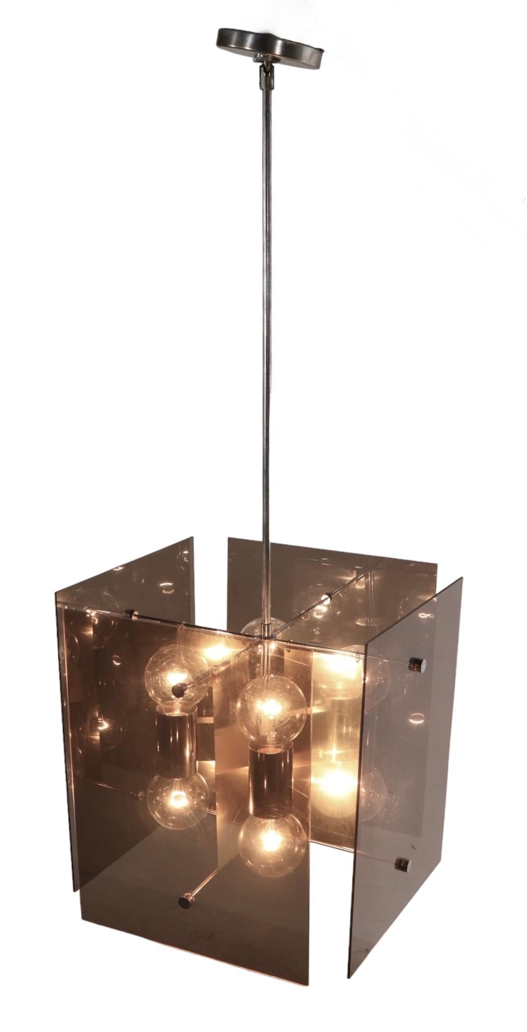 Lightolier 1970's Tinted Lucite and Chrome Cube Form Chandelier For Sale 2