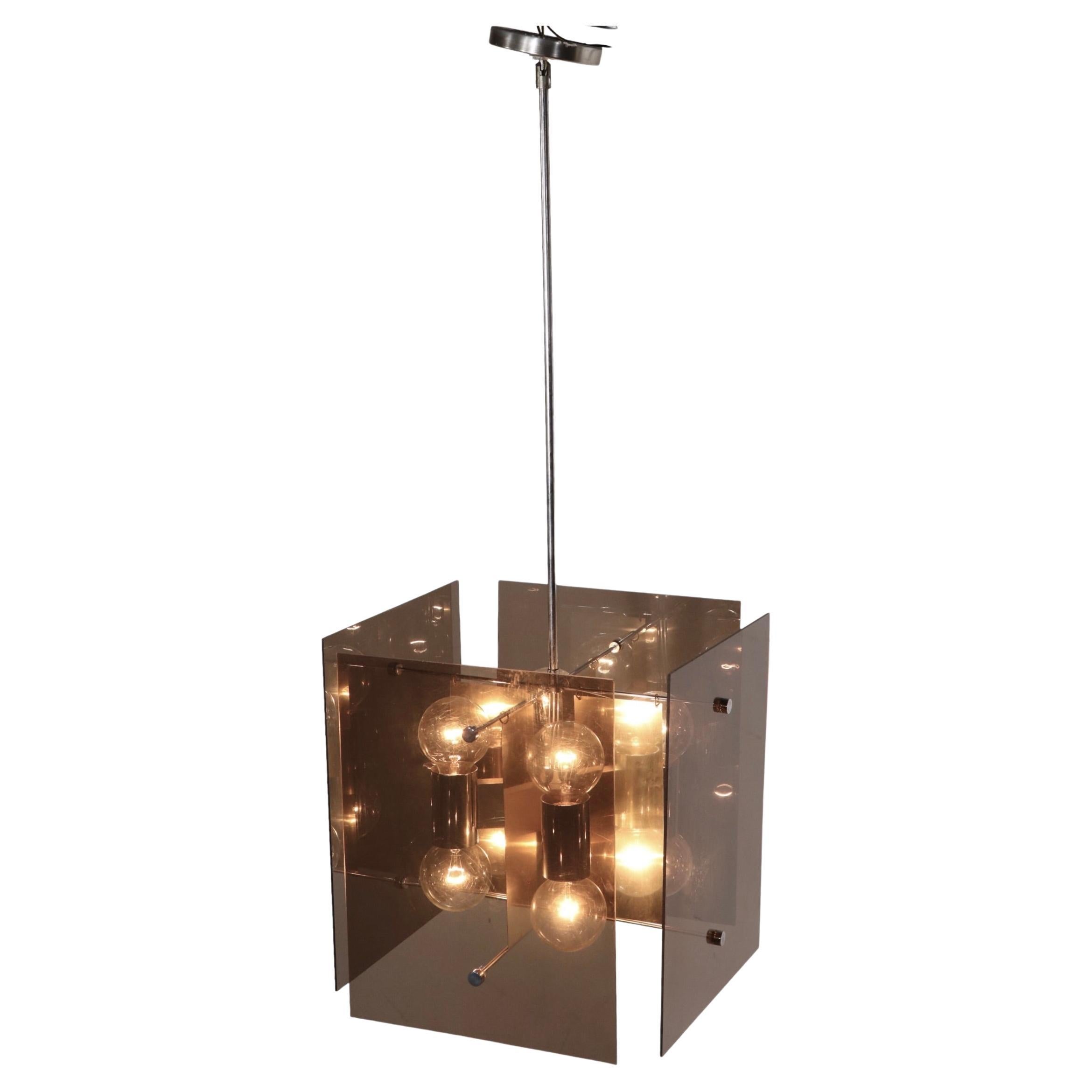 Lightolier 1970's Tinted Lucite and Chrome Cube Form Chandelier For Sale