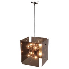 Lightolier 1970's Tinted Lucite and Chrome Cube Form Chandelier