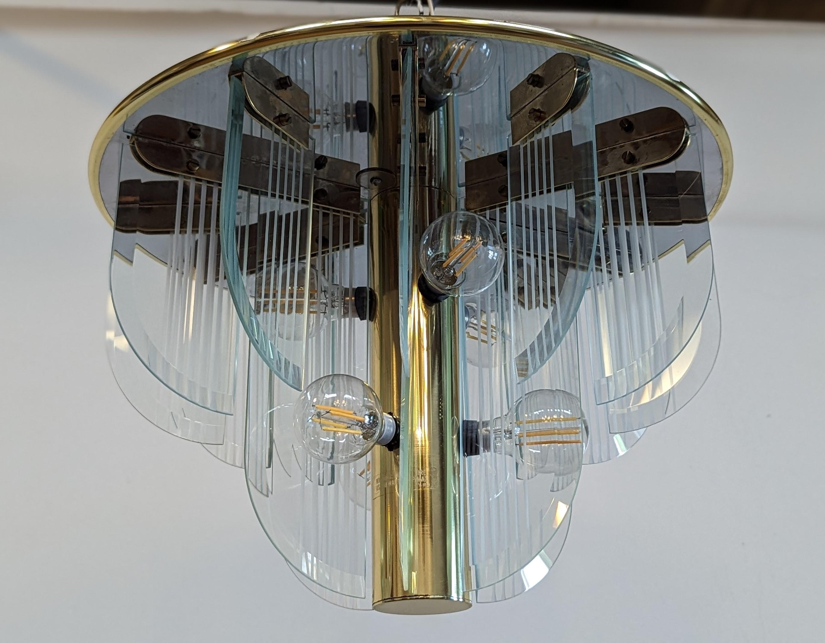 Lightolier Flush mount Brass and Etched Glass Art Deco inspired chandelier. Beautiful vintage flush mount chandelier fixture.  Pictured with both clear and  frosted LED bulbs.  In very good condition, maintains both Lightolier labels,  clear to