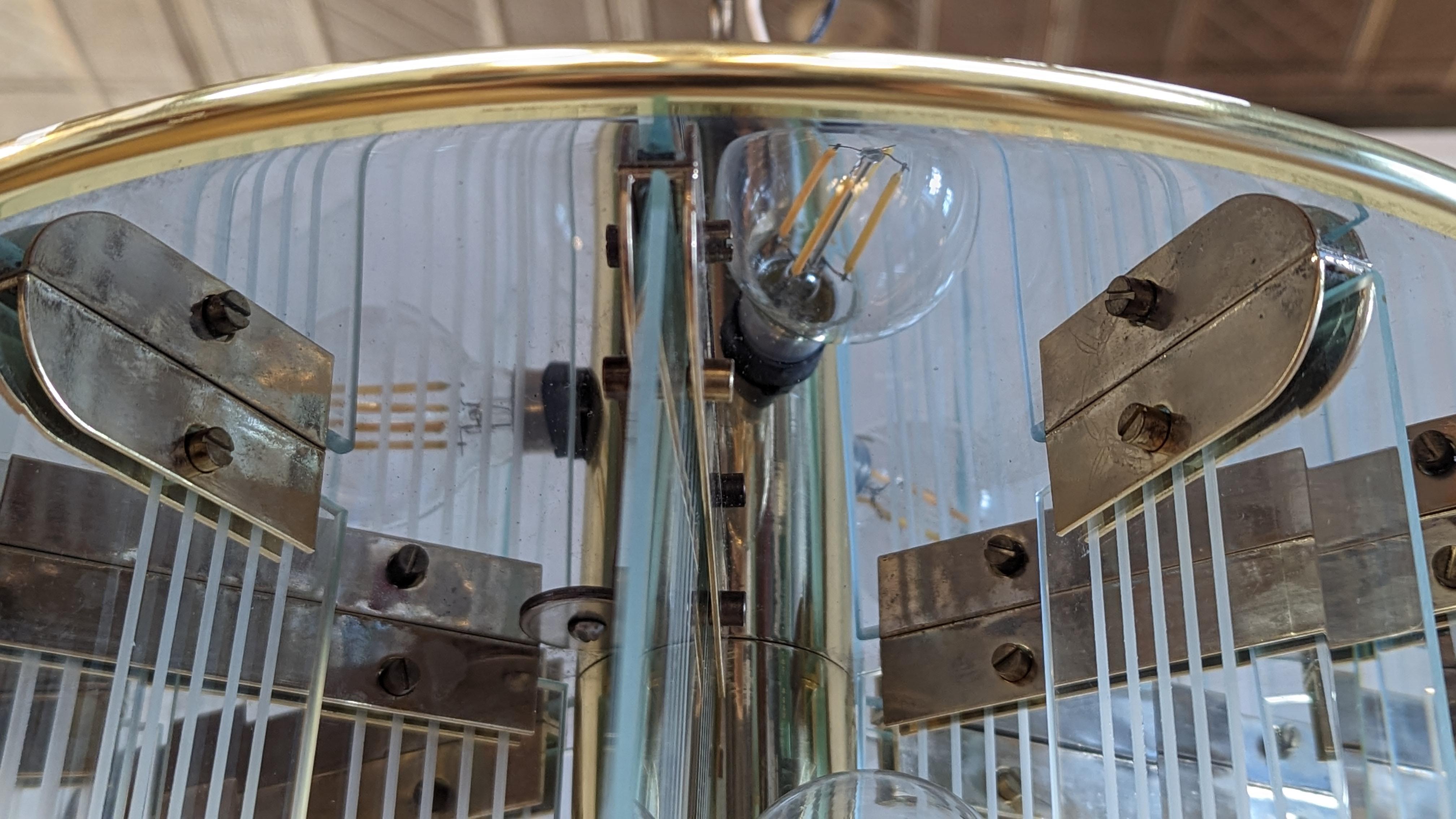Etched Lightolier Art Deco inspired Glass Chandelier For Sale