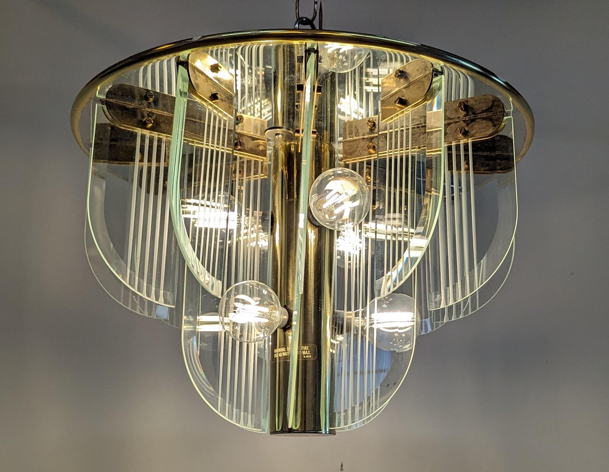 Lightolier Art Deco inspired Glass Chandelier In Good Condition For Sale In New York, NY