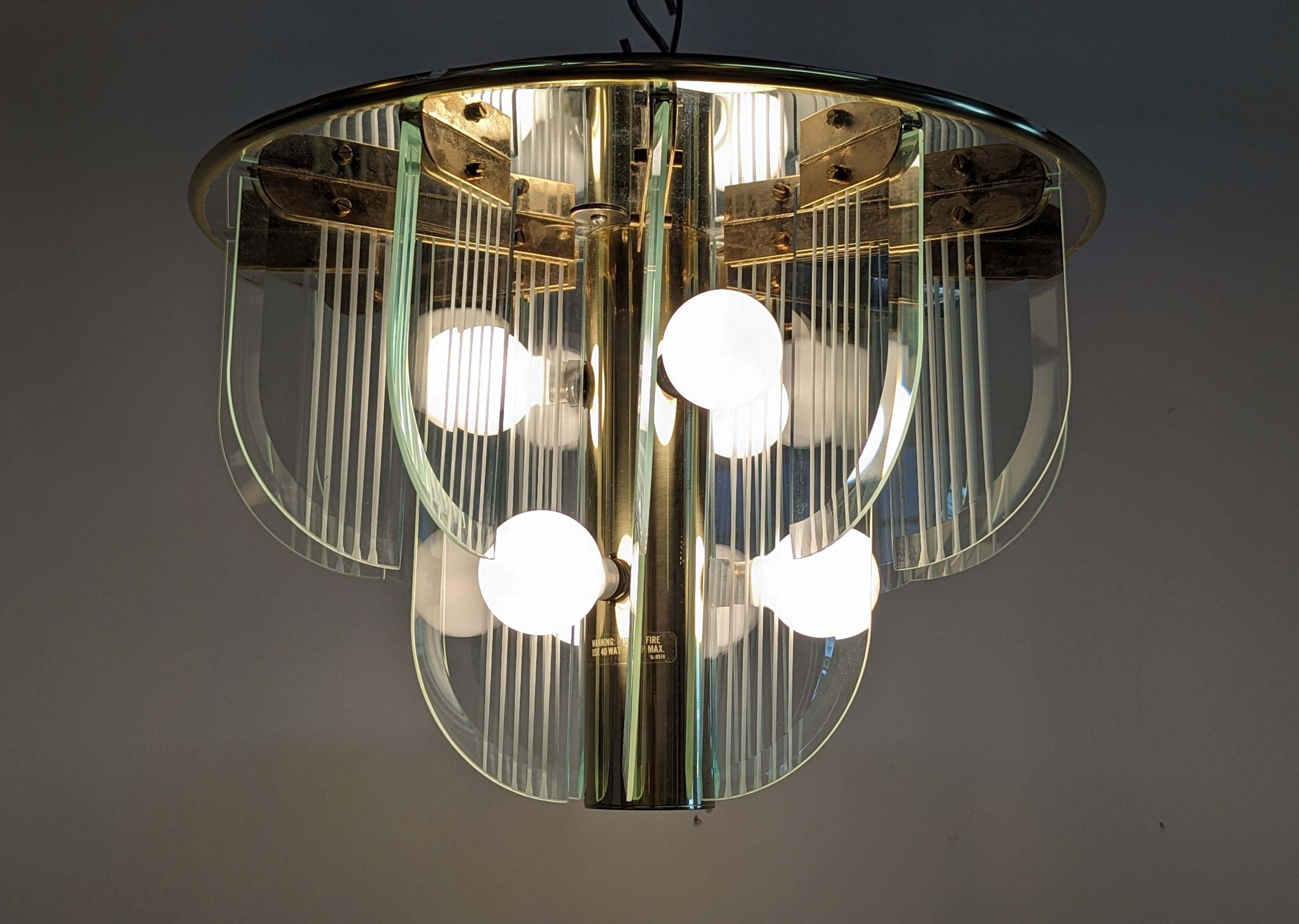Brass Lightolier Art Deco inspired Glass Chandelier For Sale