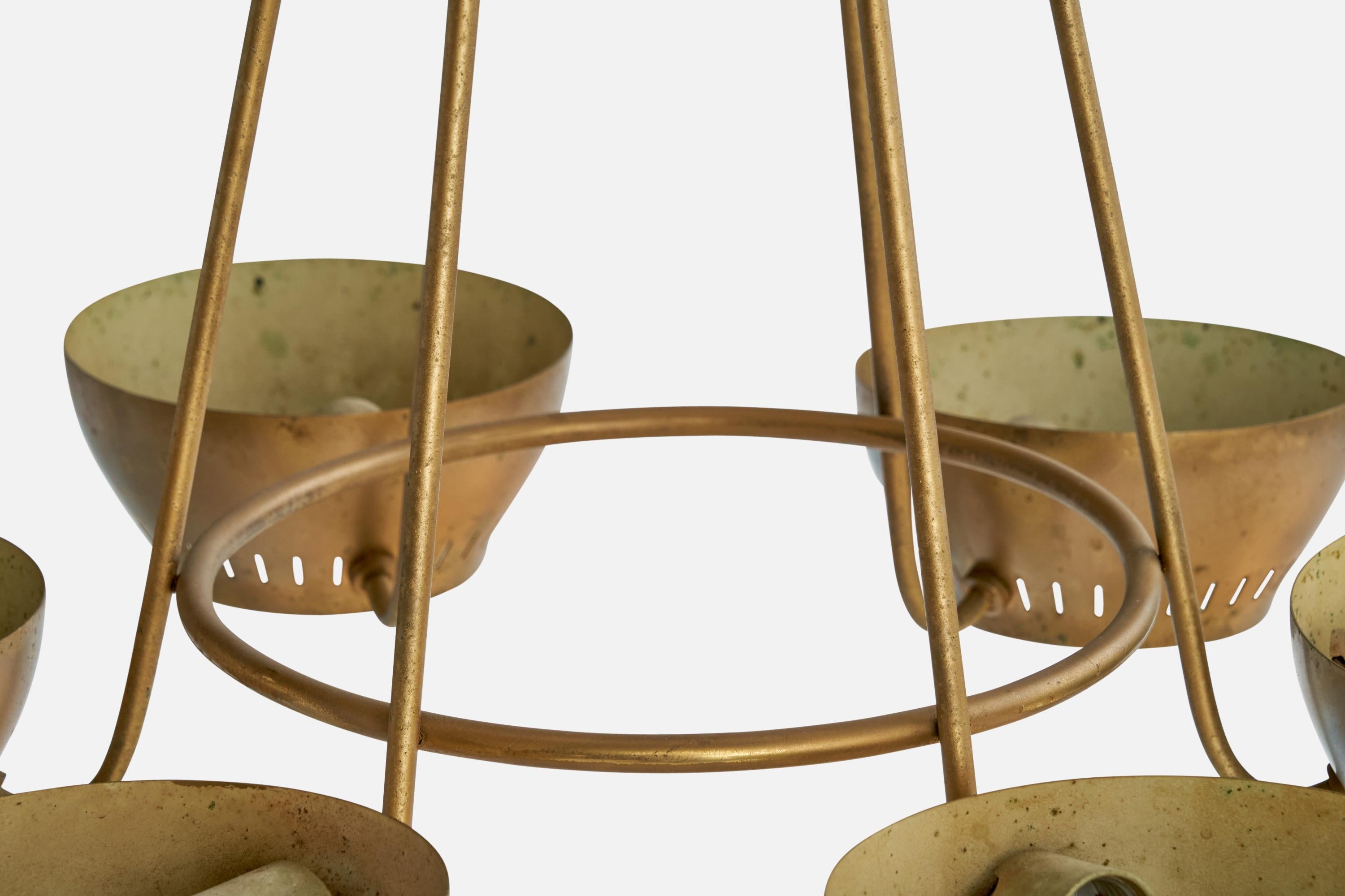 Lightolier Attribution, Chandelier, Brass, Glass, USA, 1950s For Sale 5