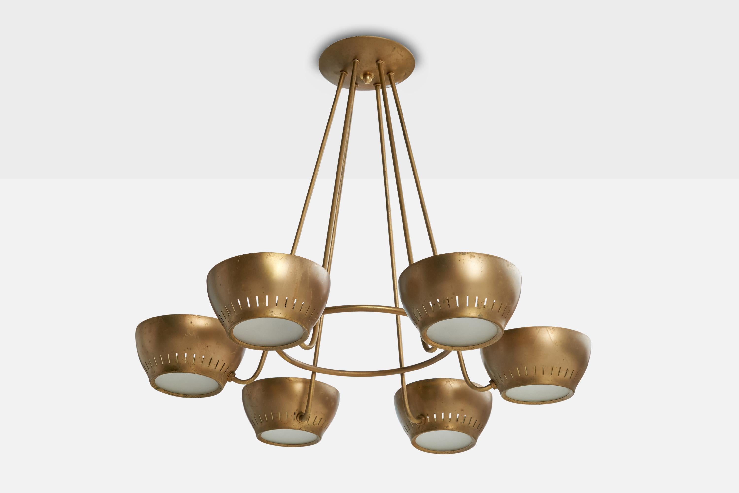 A brass and opaline glass chandelier attributed to Lightolier, USA, 1950s.

Overall Dimensions (inches): 24” H x  26” Diameter

Dimensions of Canopy:  6.25” diameter

Bulb Specifications: E-26 

Number of Sockets: 6

All lighting will be converted
