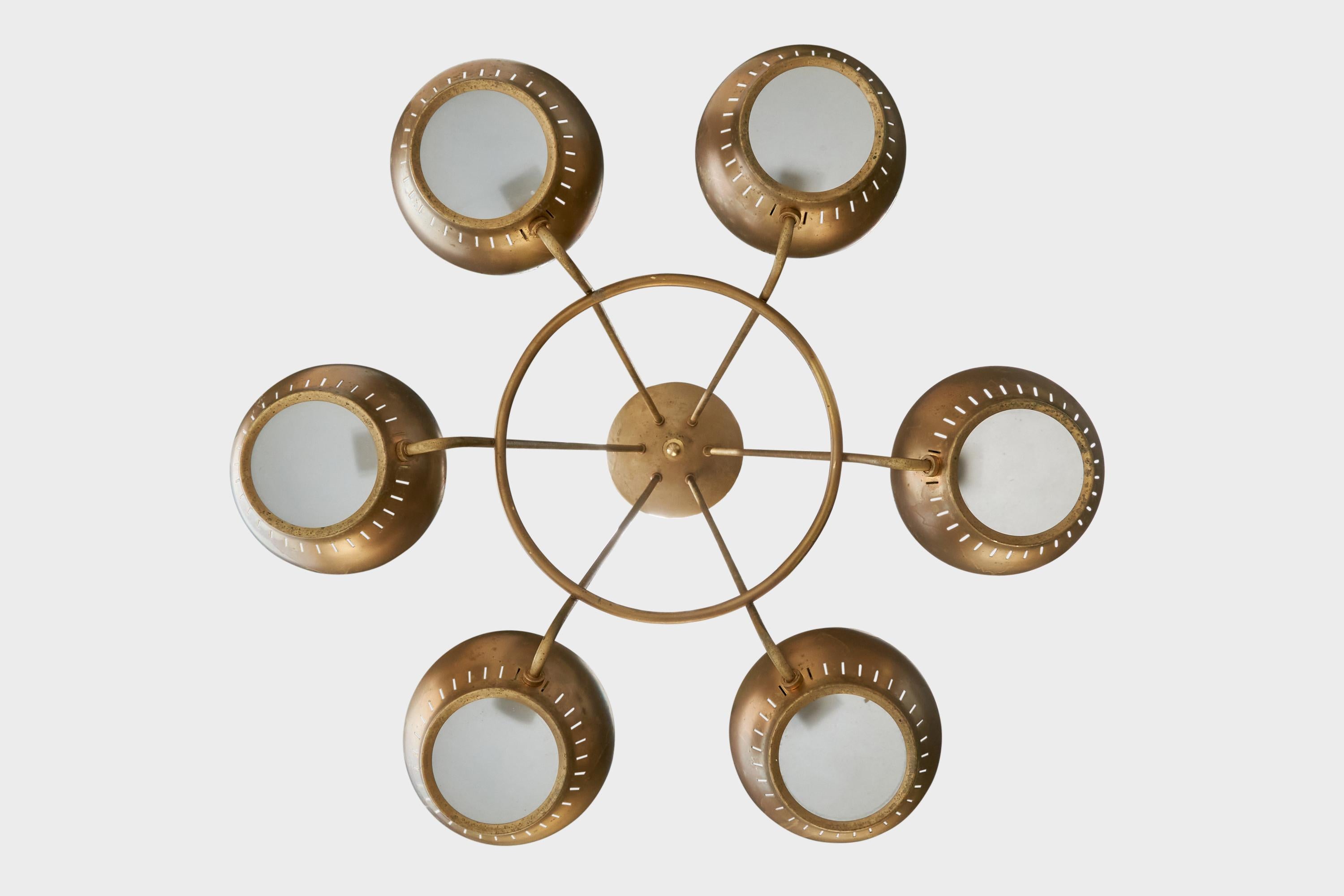 Mid-Century Modern Lightolier Attribution, Chandelier, Brass, Glass, USA, 1950s For Sale