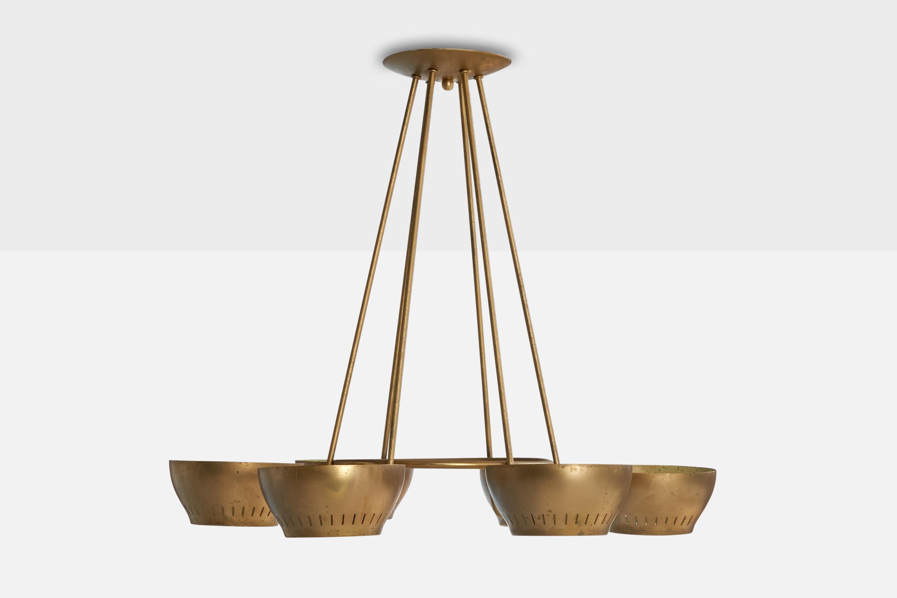 American Lightolier Attribution, Chandelier, Brass, Glass, USA, 1950s For Sale